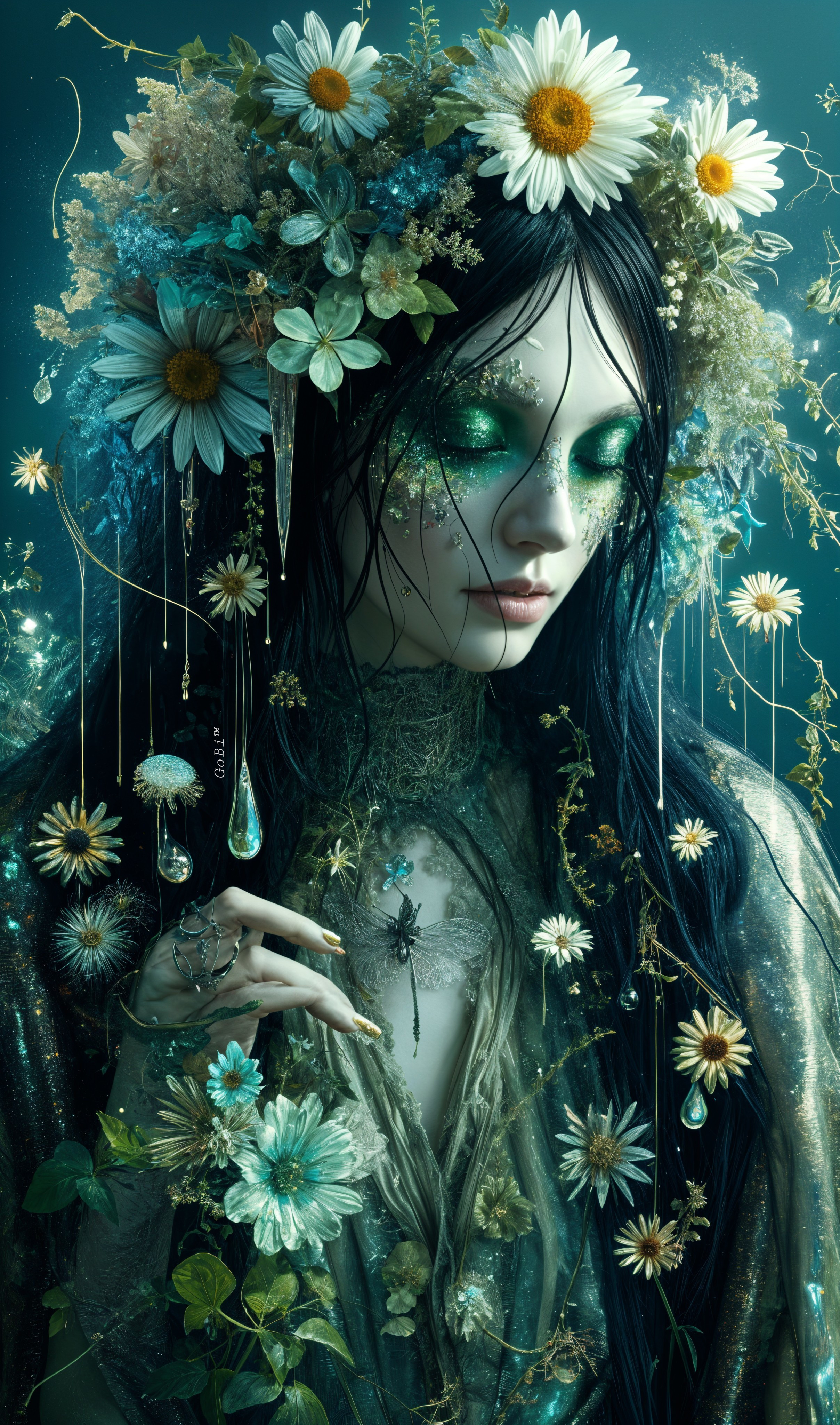 Mystical figure with floral crown and ethereal makeup