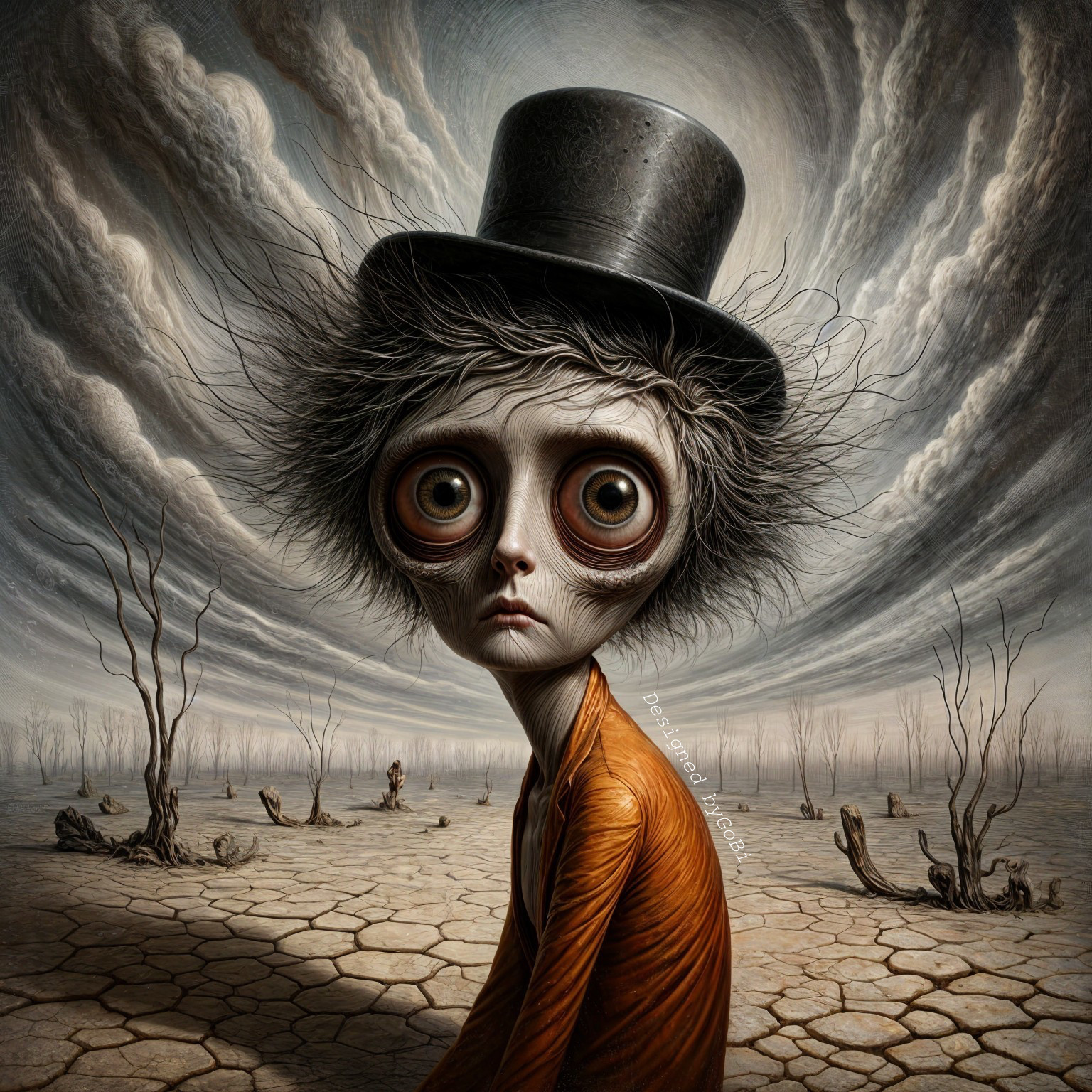 Surreal Character in Whimsical Attire and Landscape