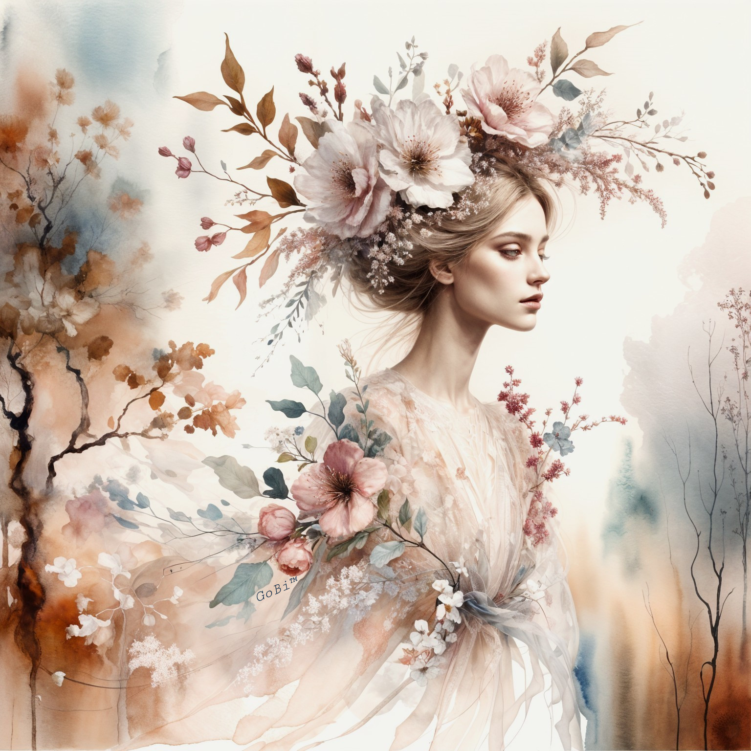 Graceful Woman with Floral Crown in Dreamy Watercolors