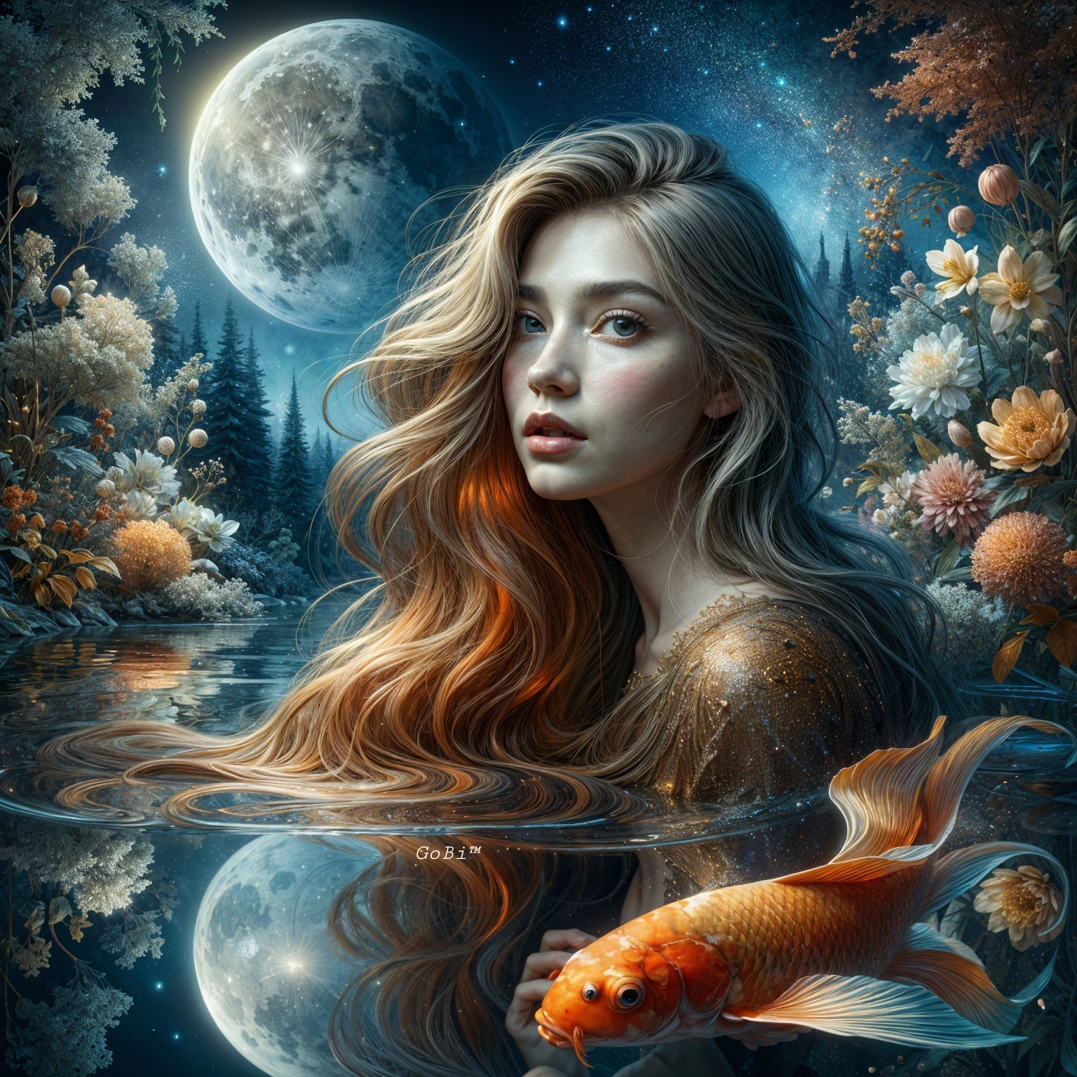 Young Woman in Ethereal Nighttime Water Scene