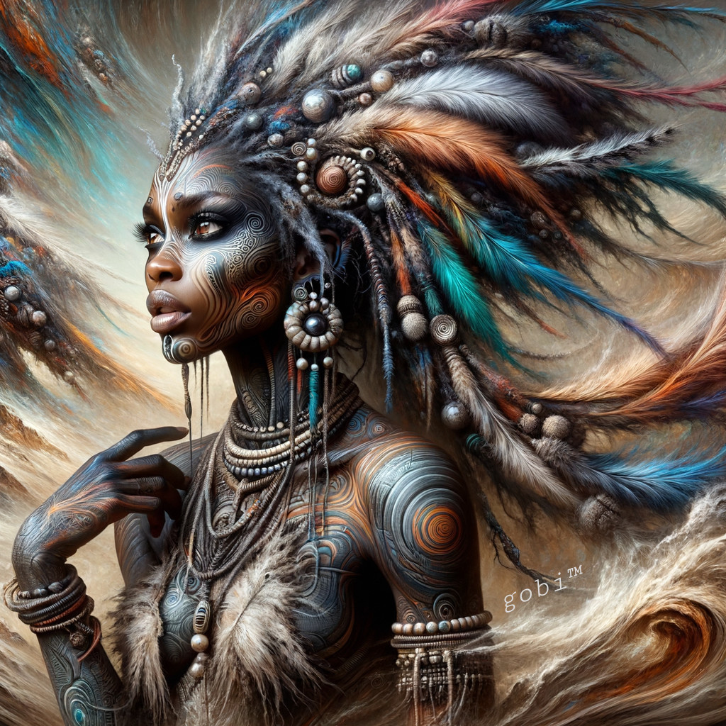 Portrait of a Woman with Feathers and Tribal Patterns