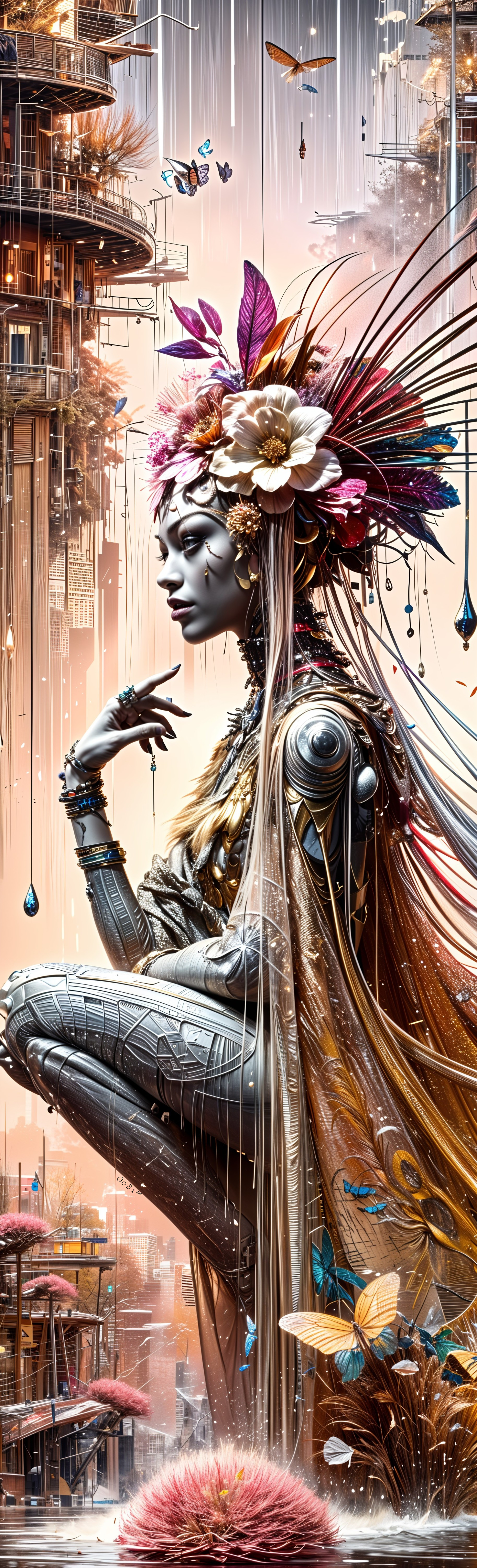 Futuristic Robotic Figure with Flowers and Butterflies