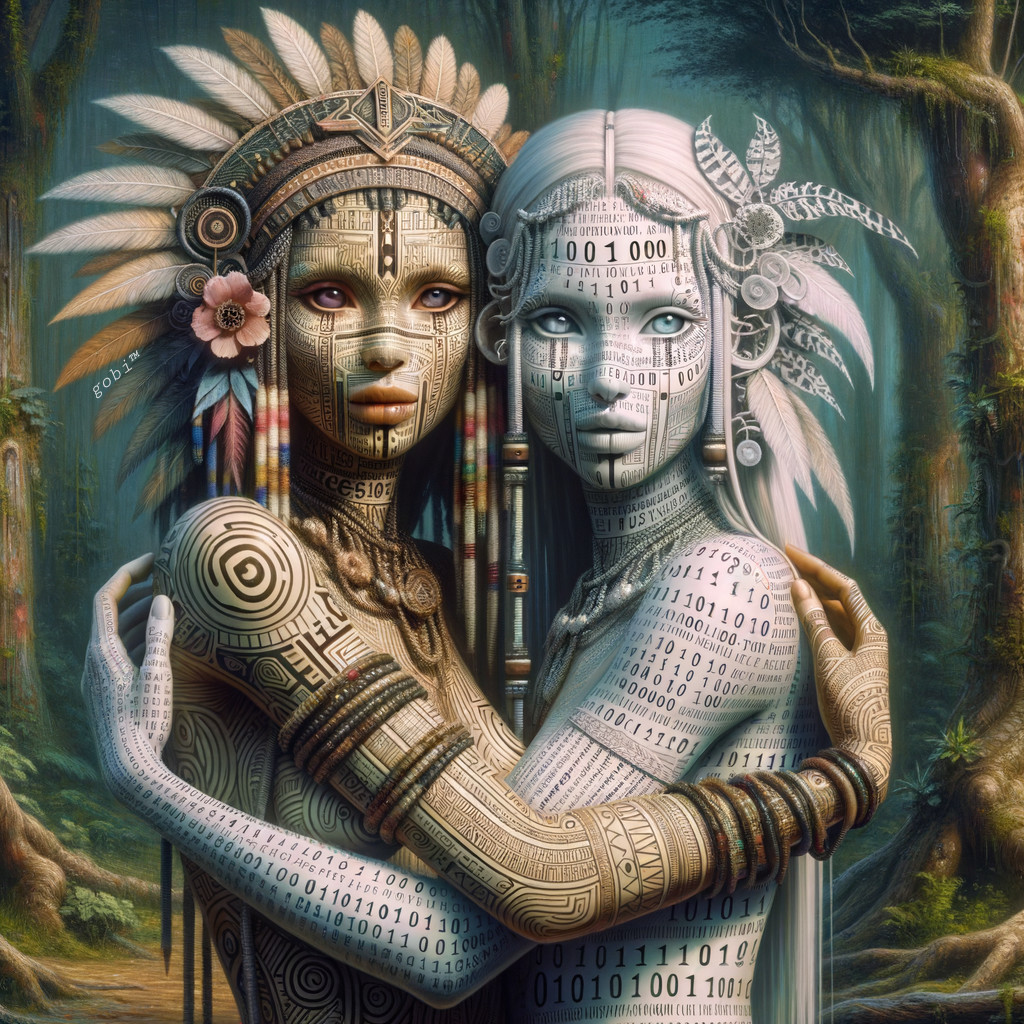Humanoid Figures in Nature and Technology Embrace
