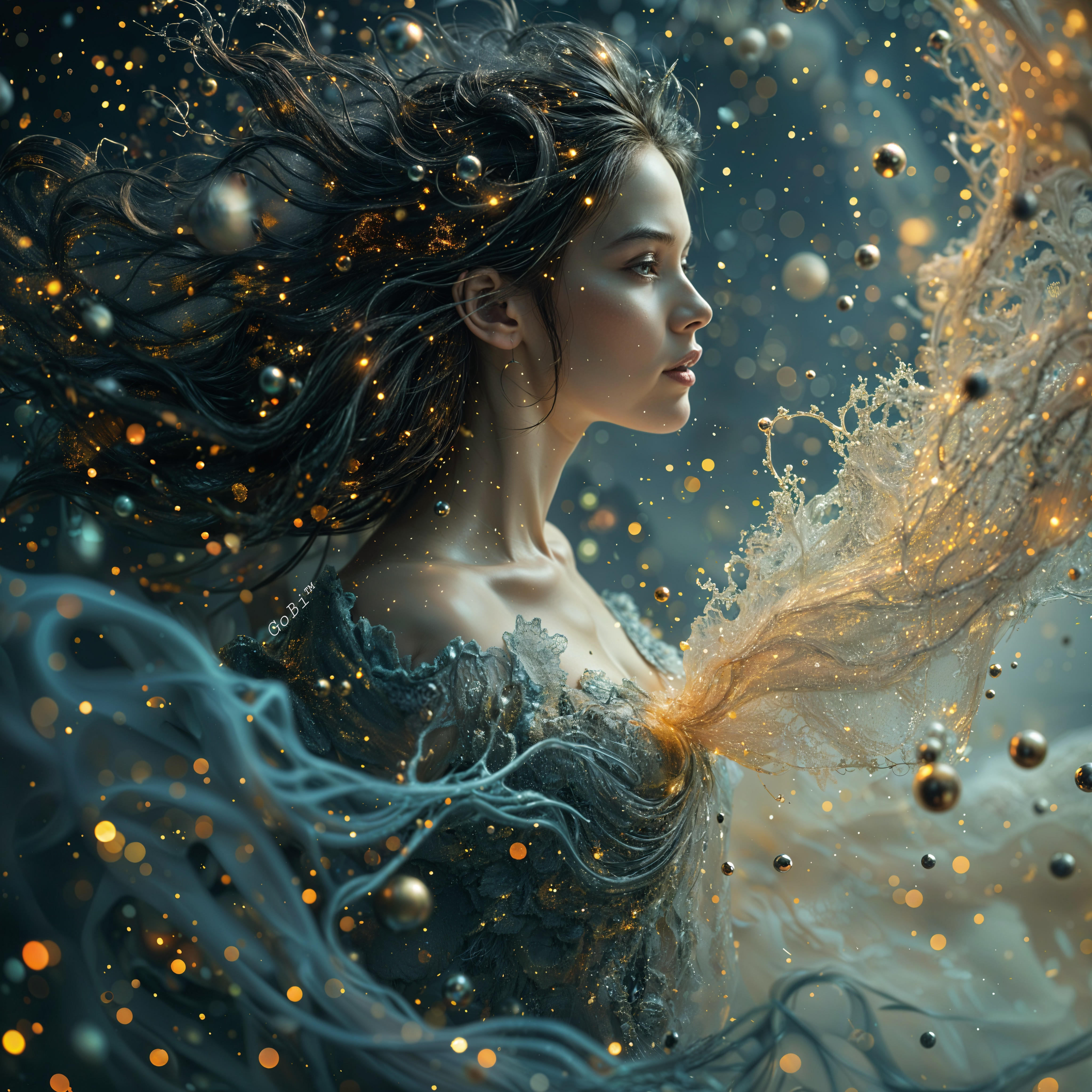 Ethereal female figure in swirling water and light