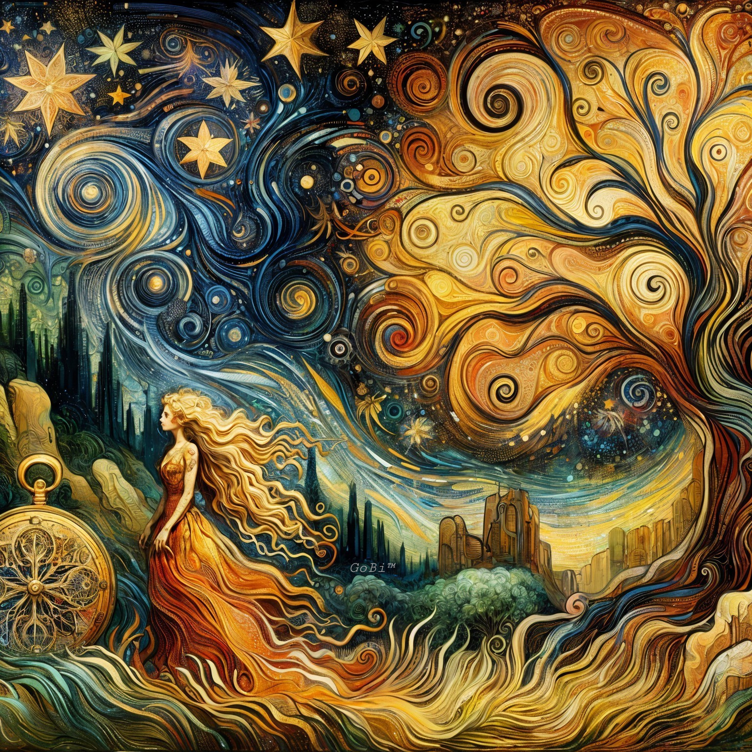 Whimsical Landscape with Cosmic Elements and a Tree