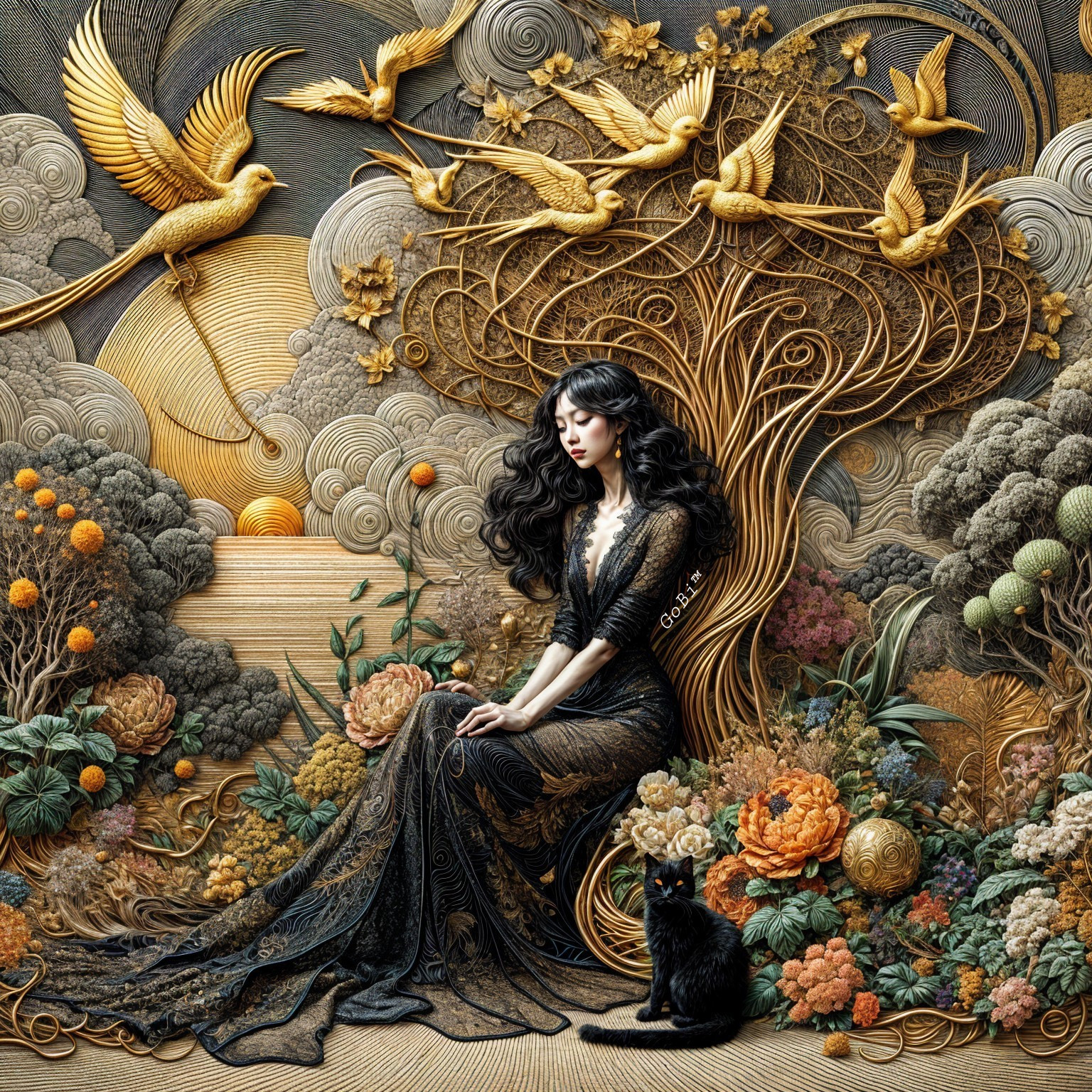 Woman Among Golden Trees and Vibrant Flowers