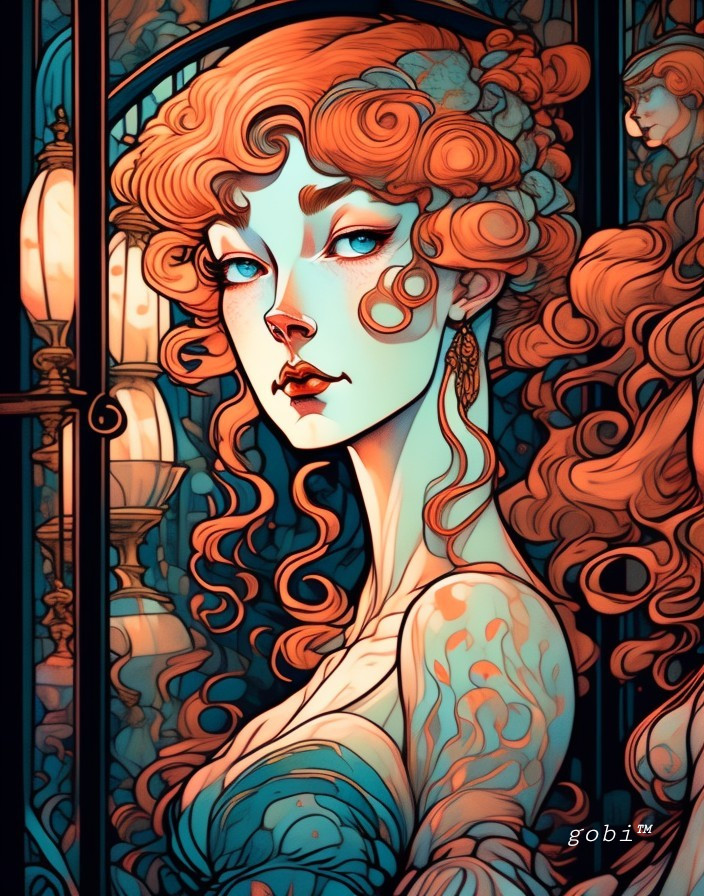 Illustration of a Woman with Curly Red Hair and Earrings