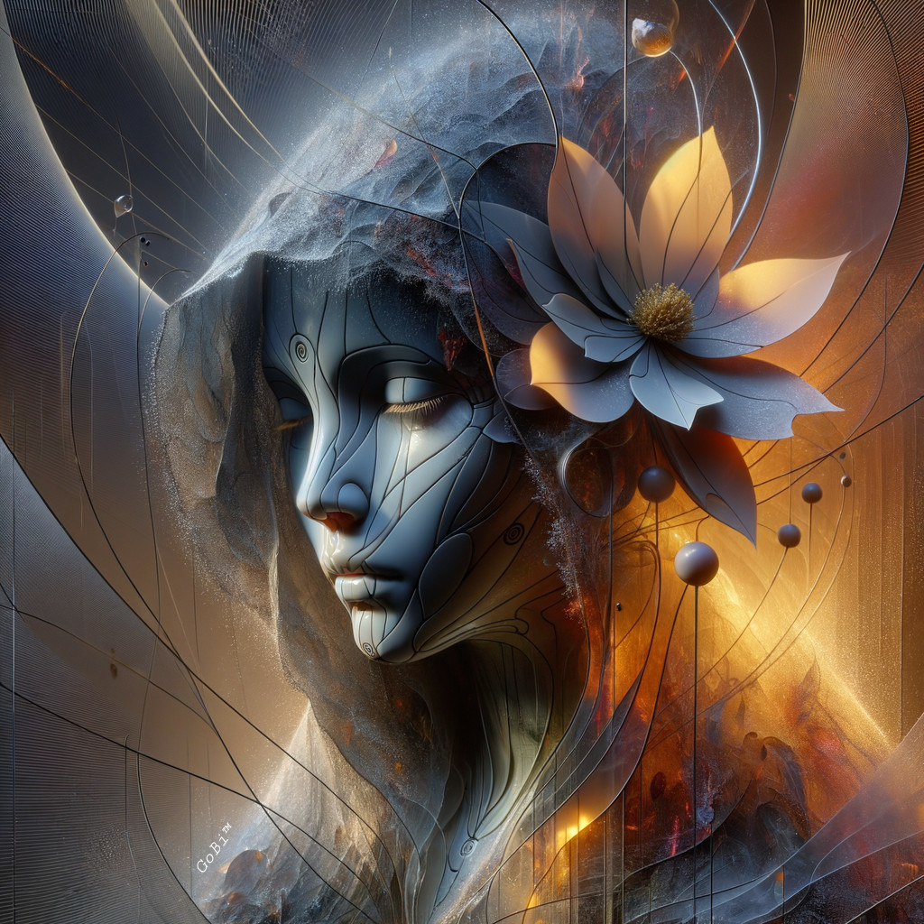 Abstract Portrait with Ethereal Humanoid Figure and Flower