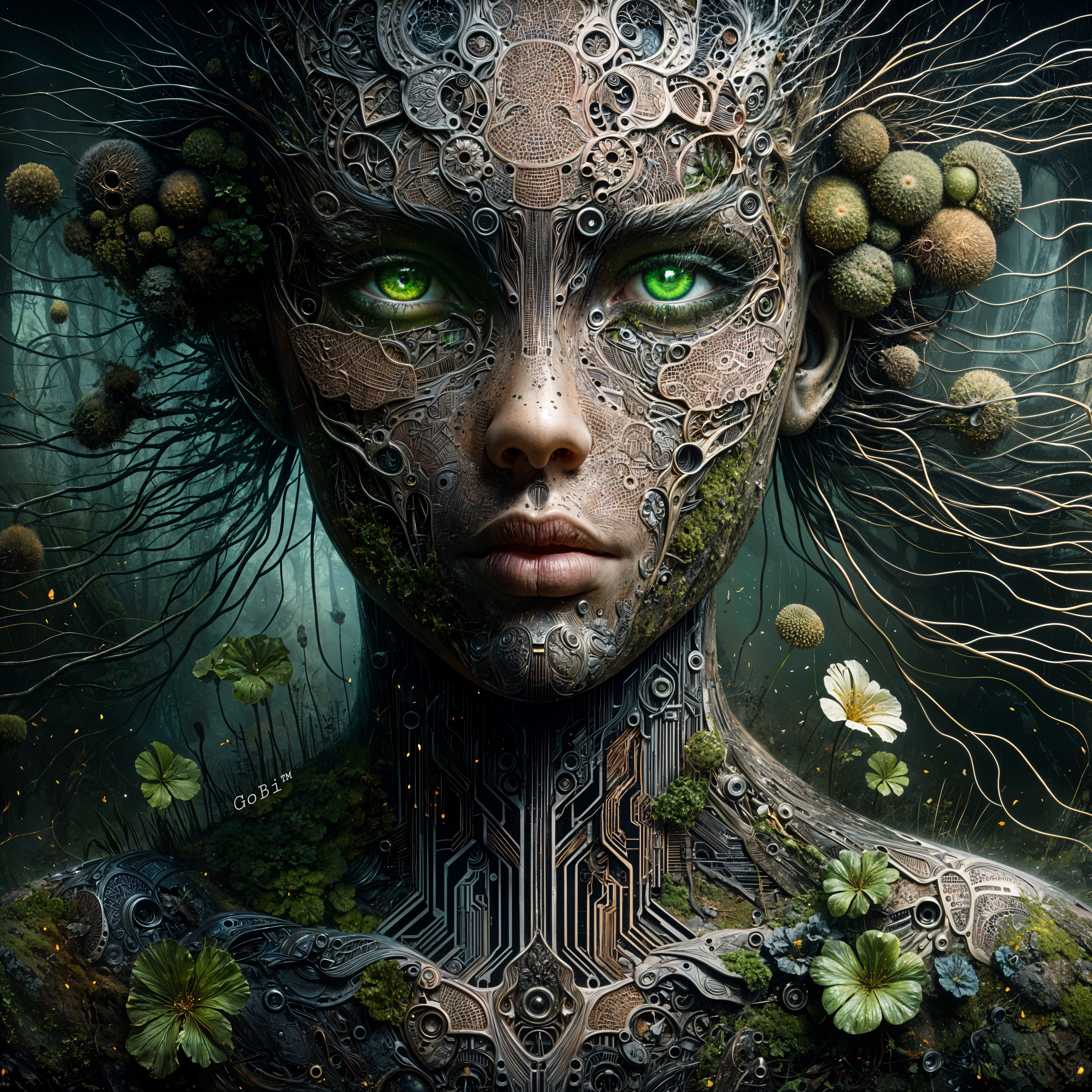 Surreal humanoid figure with metallic and organic features