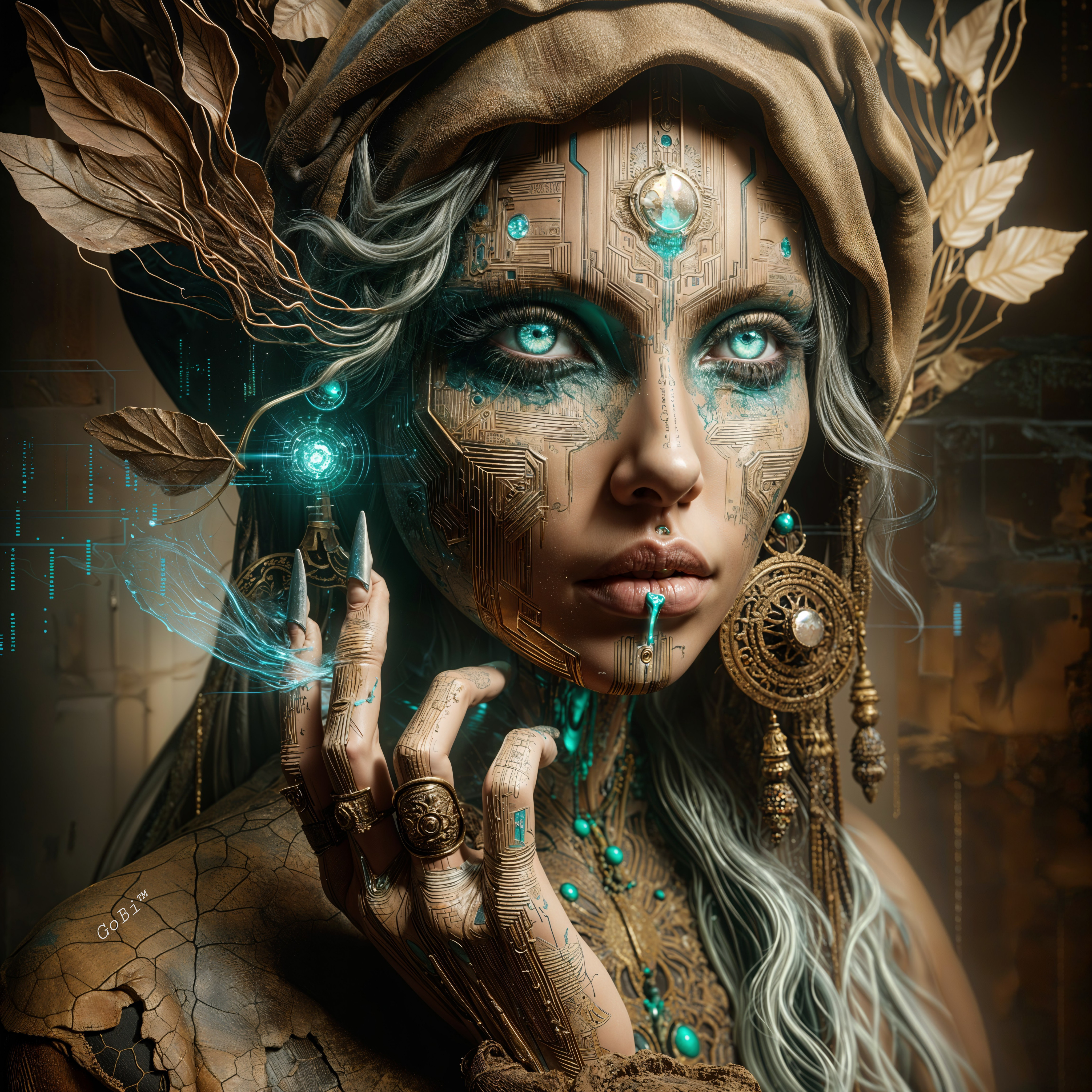 Futuristic woman with circuit patterns and glowing eyes
