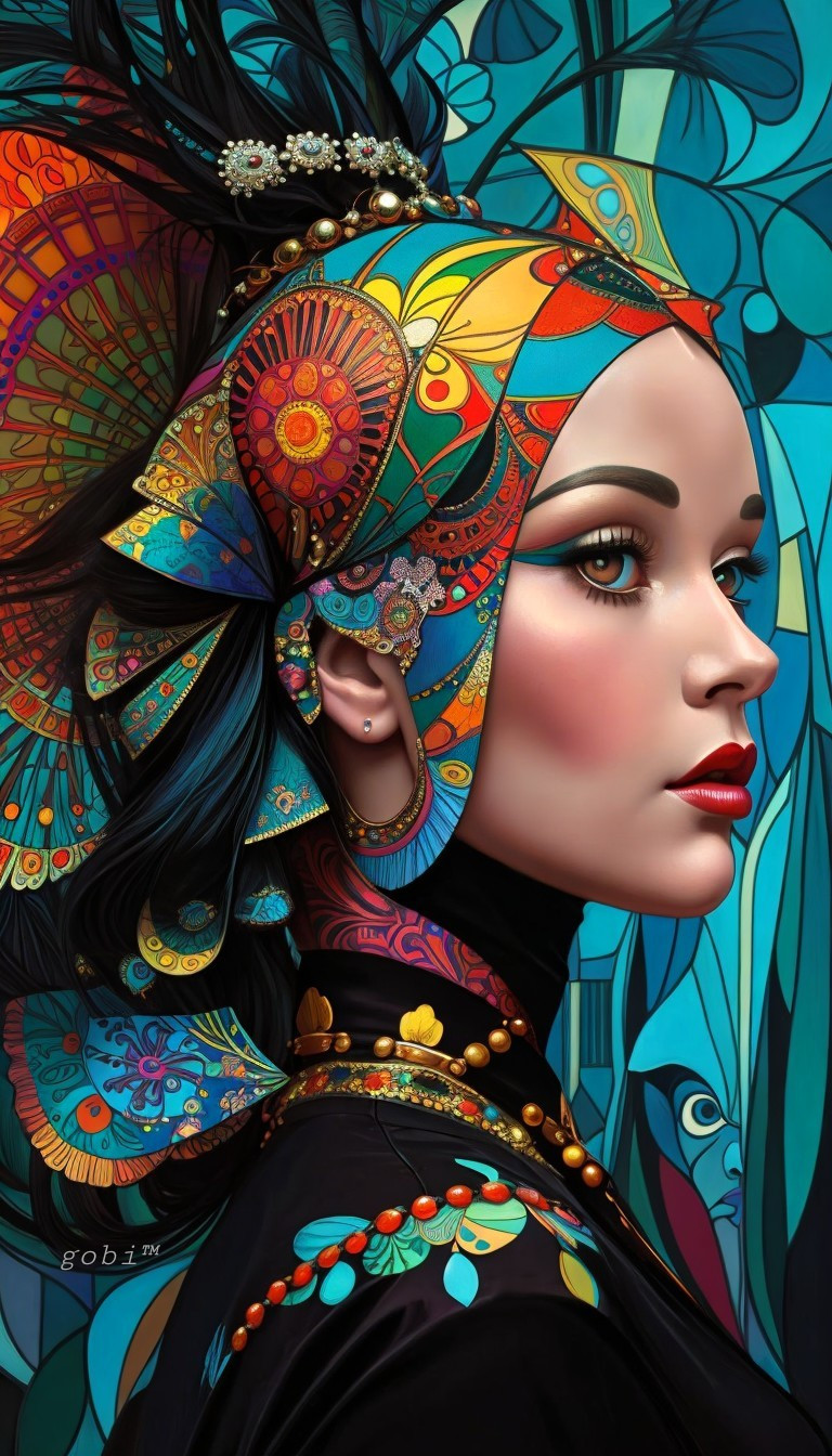 Profile View of Woman with Colorful Headdress and Earrings