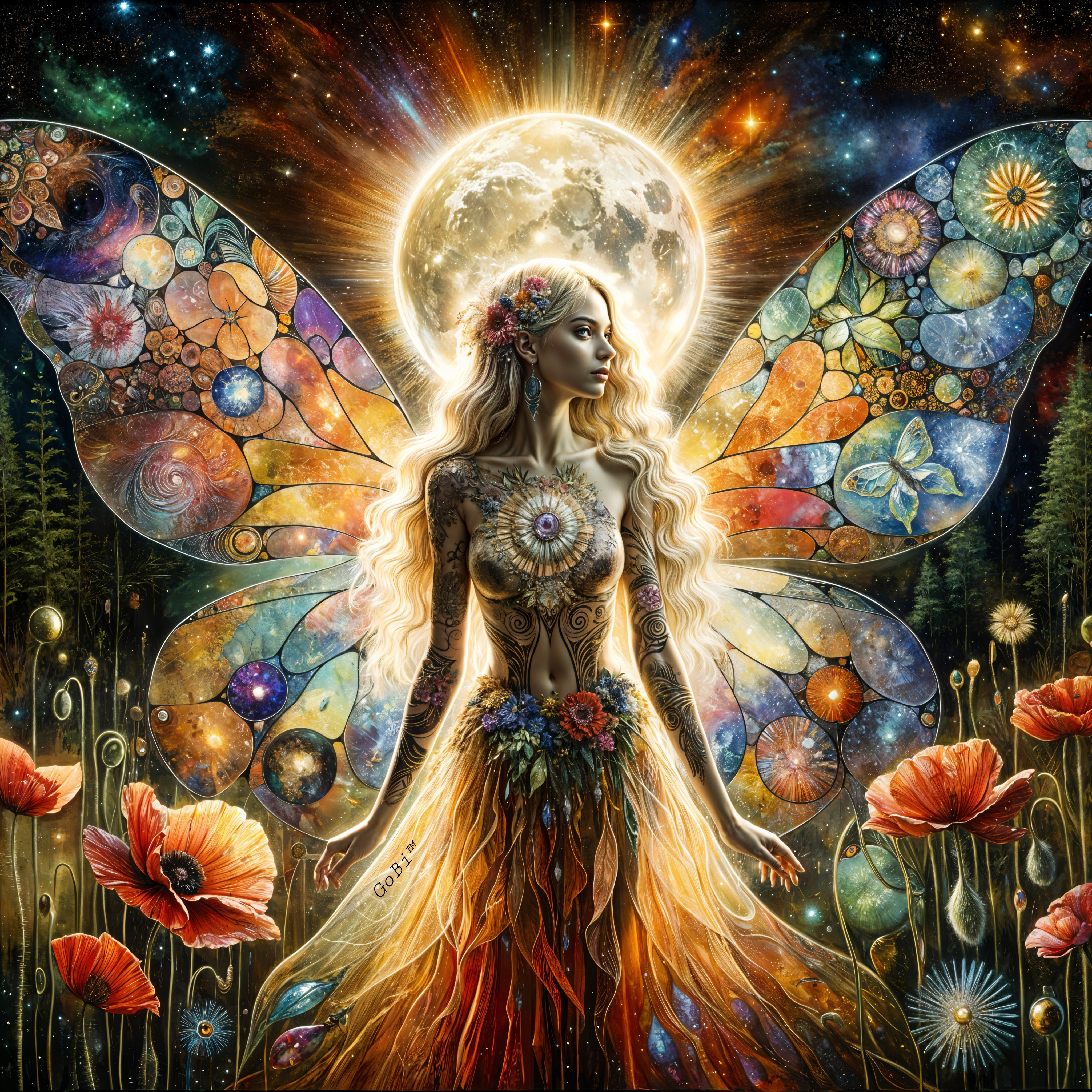 Mystical figure with wings in a floral setting