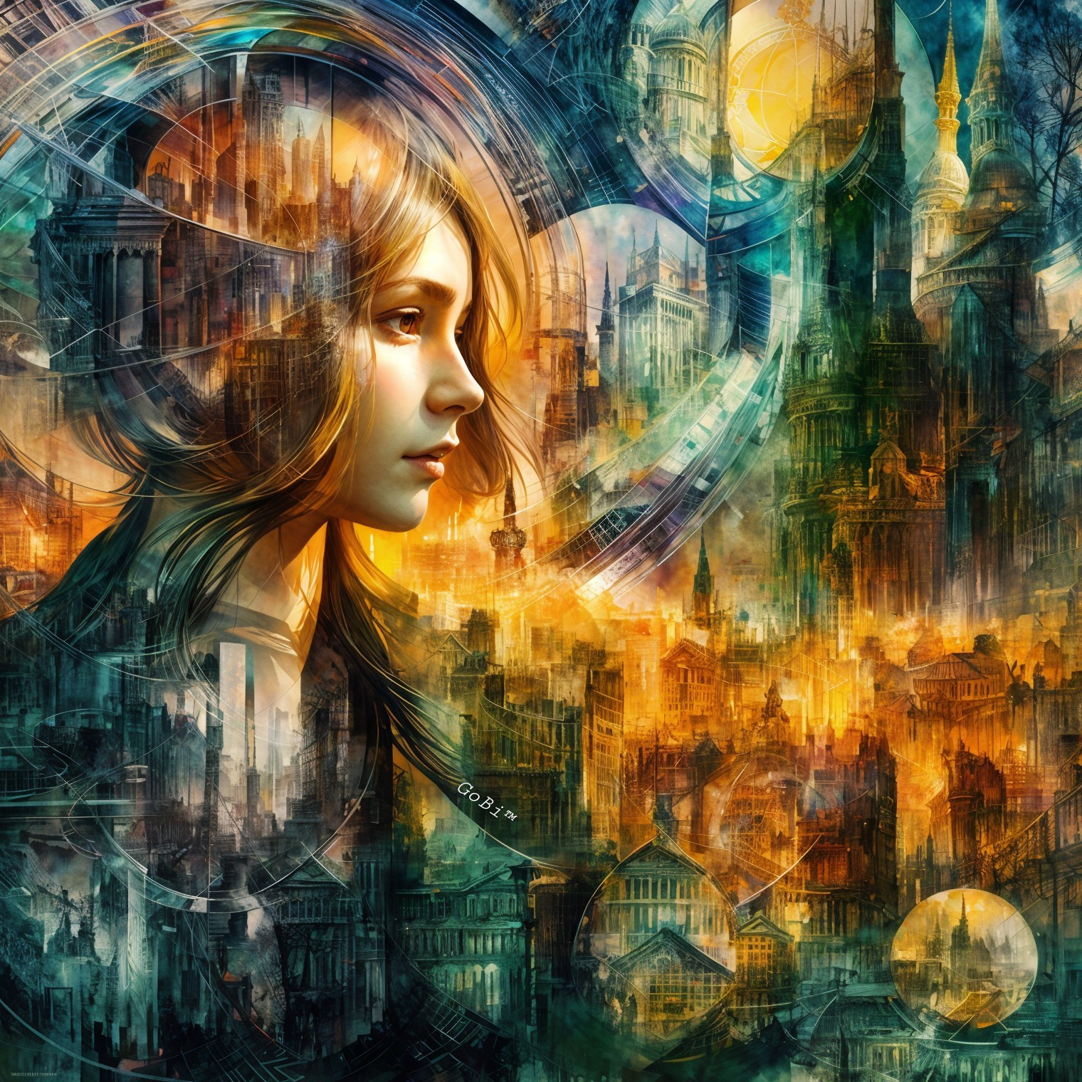 Surreal Artwork of Woman's Profile and Cityscape