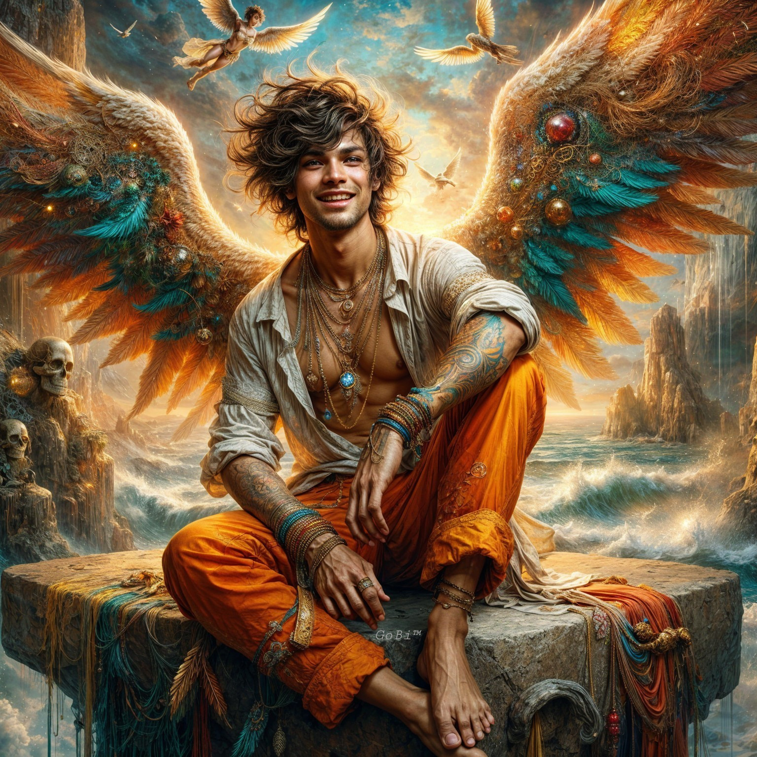 Young man with feathered wings in a mystical landscape