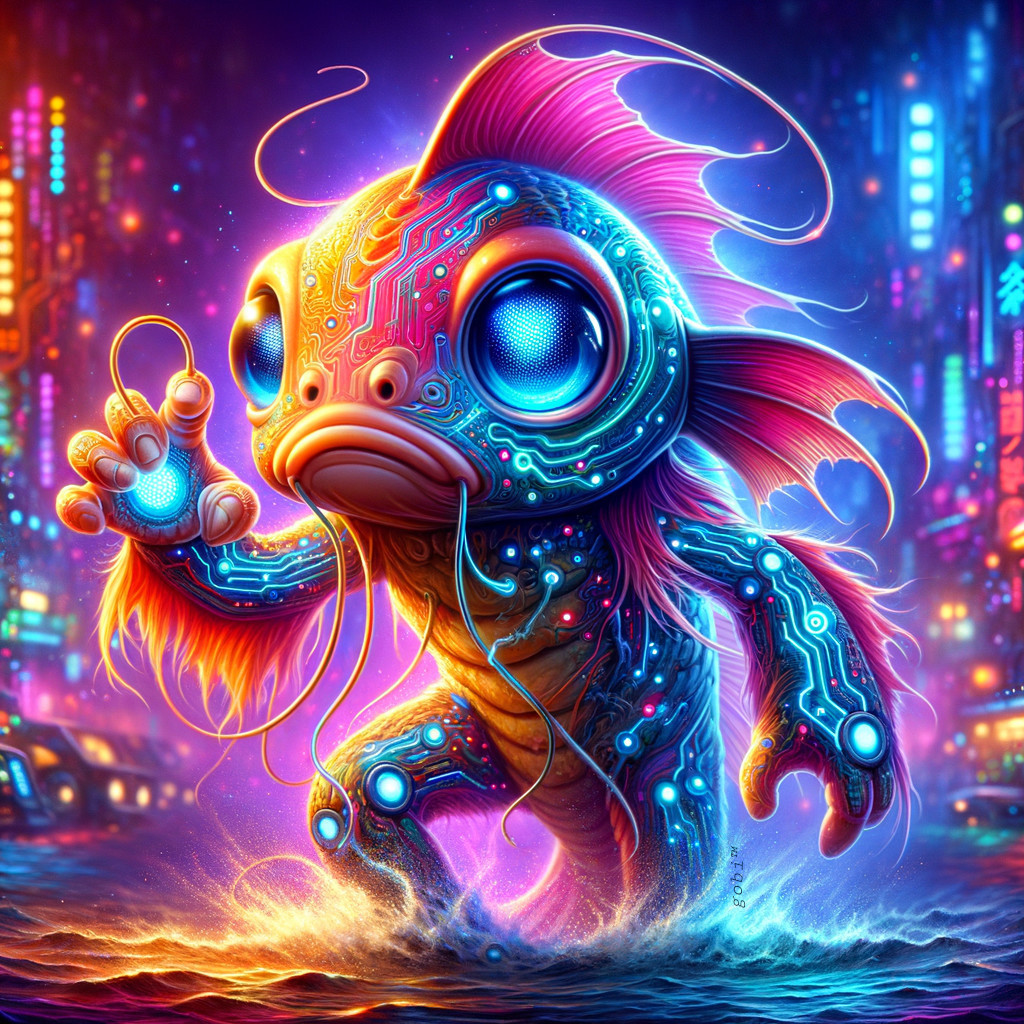 Futuristic fish creature in neon cityscape setting