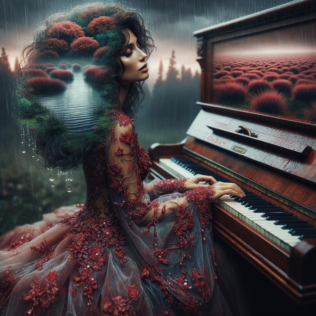 Woman in red gown playing piano in rain-soaked landscape