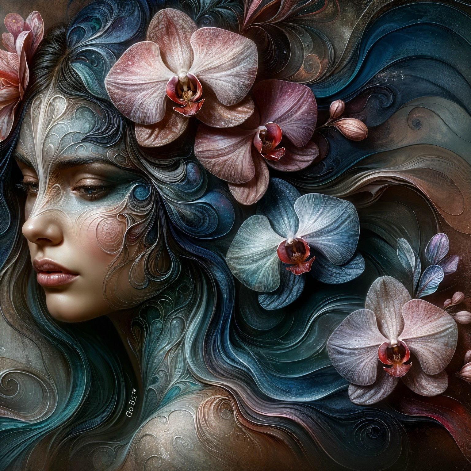 Surreal Portrait of a Woman with Vibrant Hair and Orchids