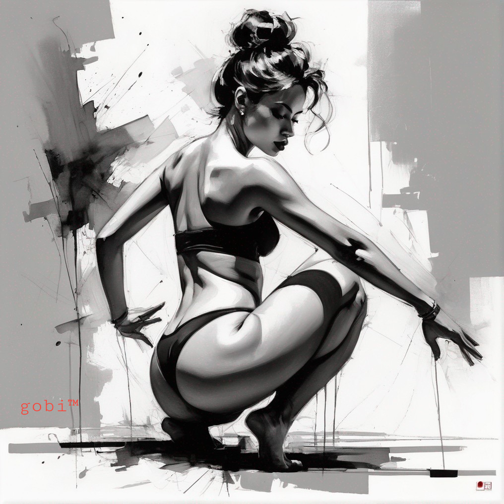 Stylized woman crouching in monochrome artwork