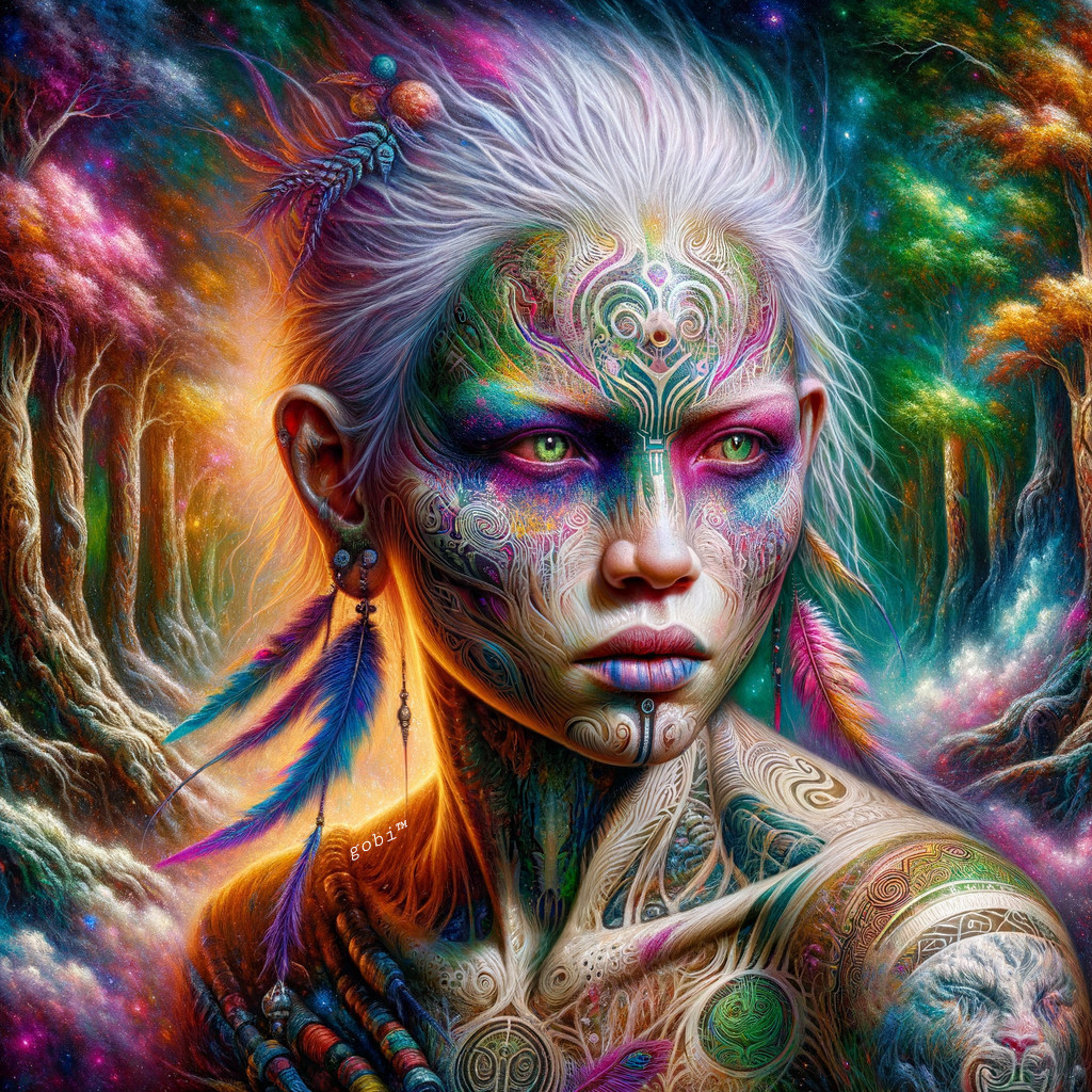 Otherworldly figure with vibrant tattoos in a magical forest