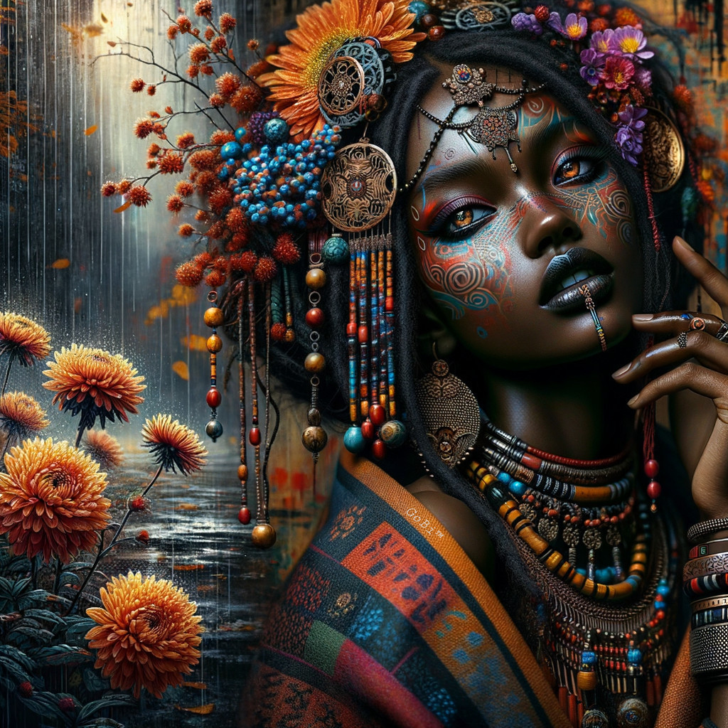 Portrait of a woman with flowers and jewelry details