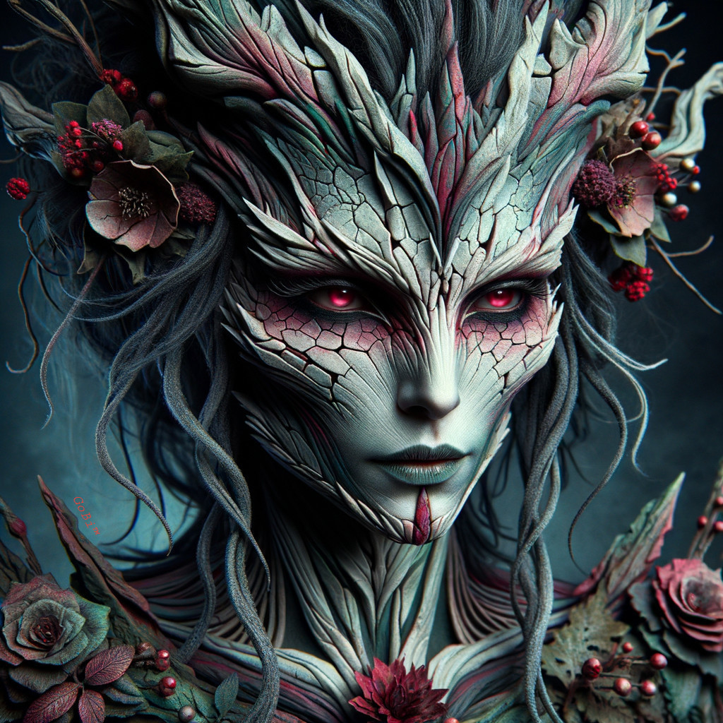 Portrait of a mystical figure with textured skin and red eyes