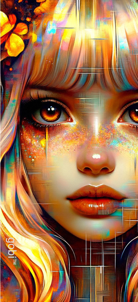 Colorful digital portrait featuring detailed eyes, flowing hair, and glitchy effects