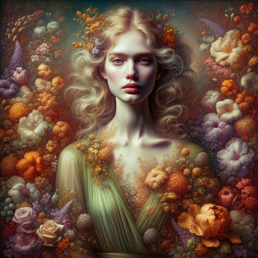 Serene Portrait of Woman Amidst Colorful Flowers