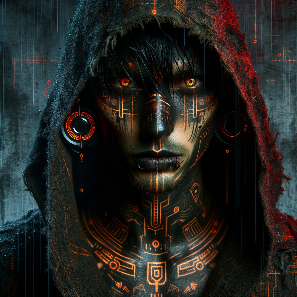 Cyberpunk figure with neon patterns and glowing eyes