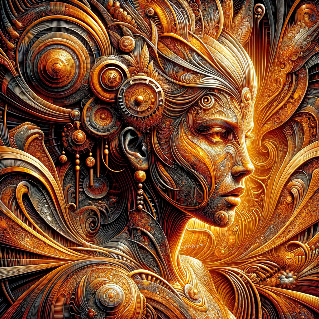 Intricate Portrait of a Woman in Gold and Orange Hues