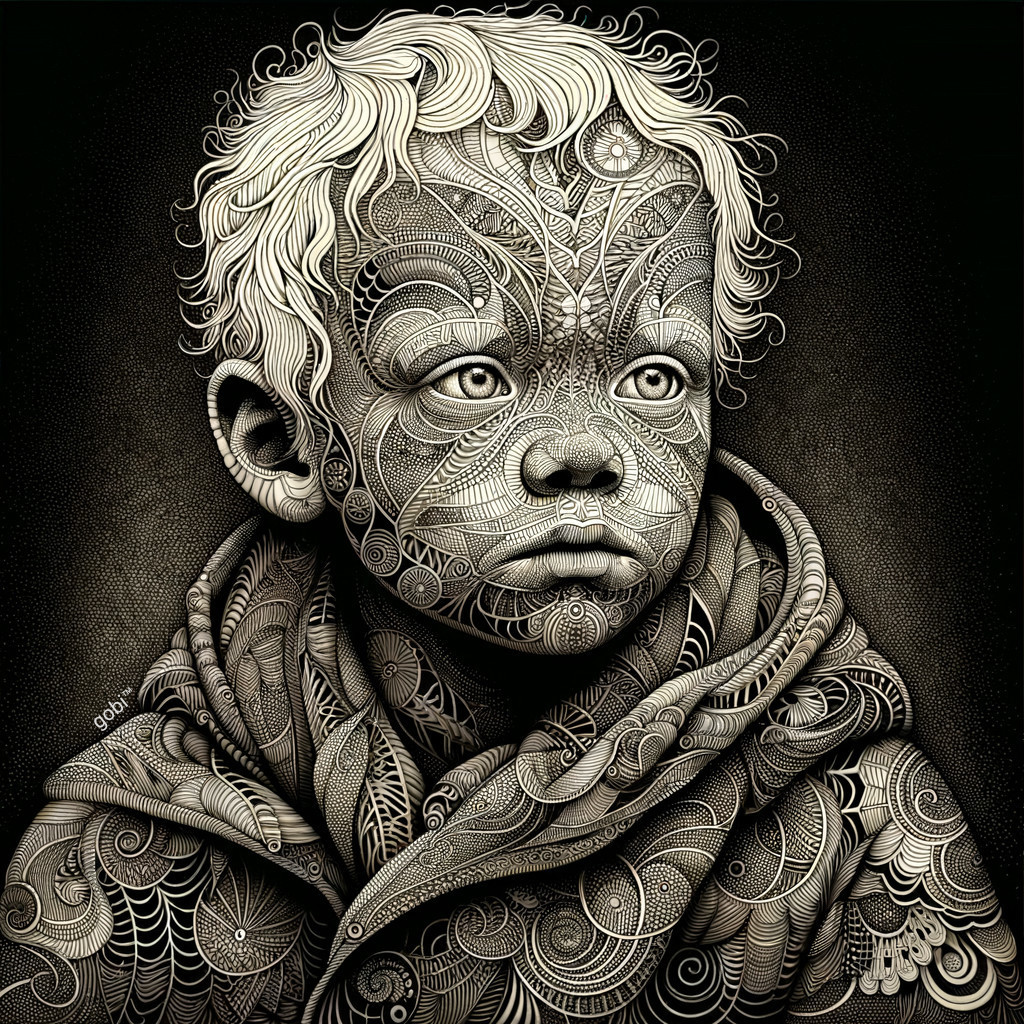 Stylized Child Portrait with Intricate Linework and Patterns