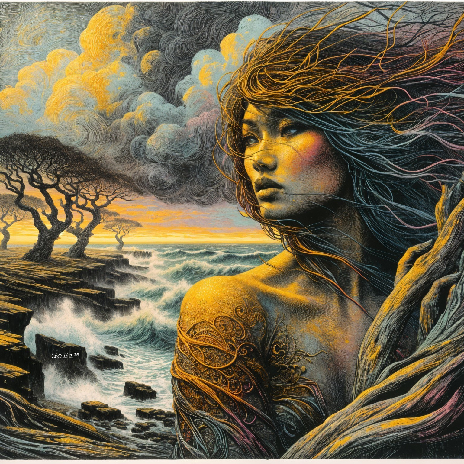 Woman with Flowing Hair Amid Turbulent Ocean Scene