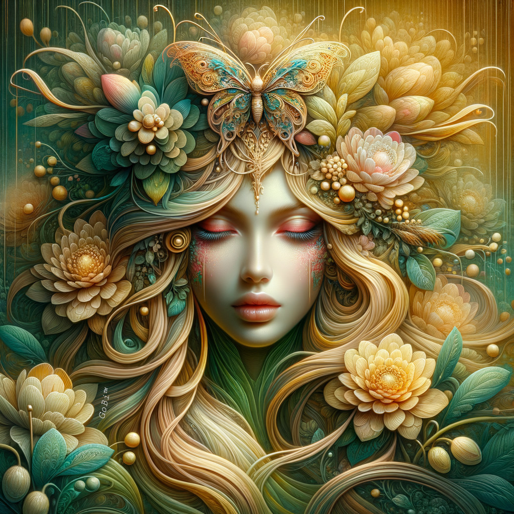 Surreal Woman Surrounded by Floral Designs and Nature