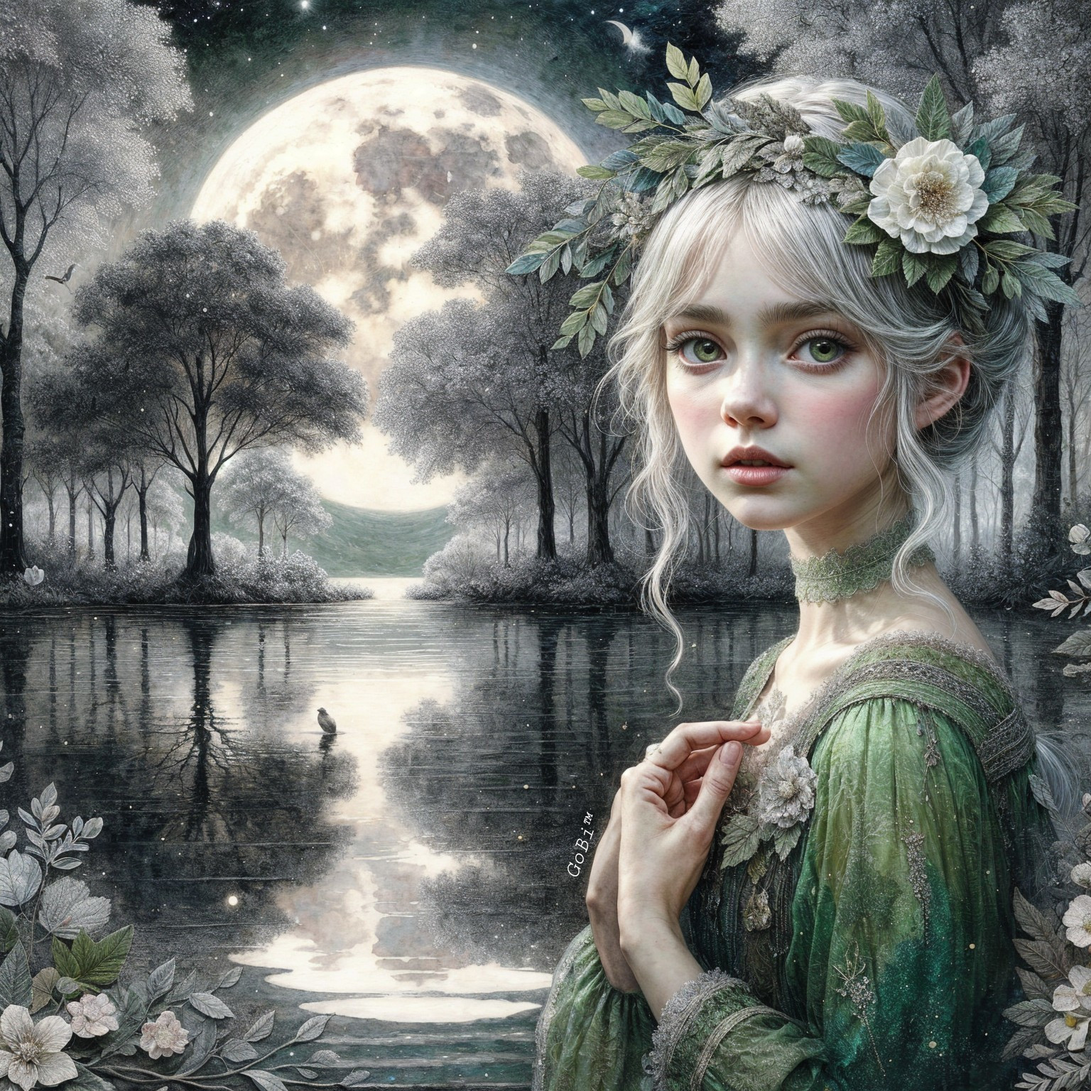 Ethereal Scene of a Girl in Floral Crown by Moonlight