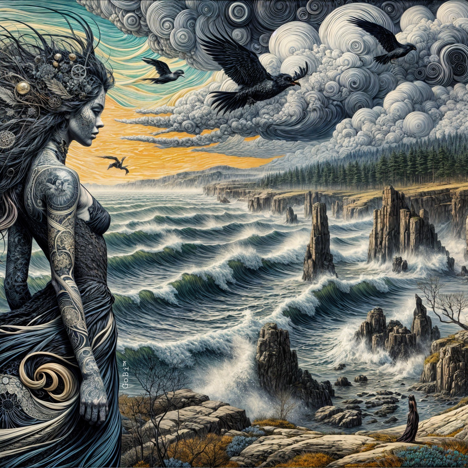 Surreal Landscape with Majestic Figure and Tumultuous Sea