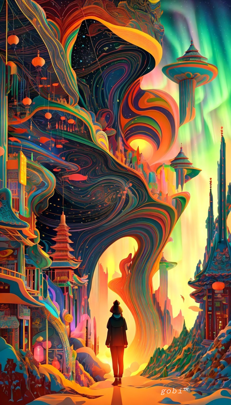 Futuristic cityscape with cosmic patterns and neon colors