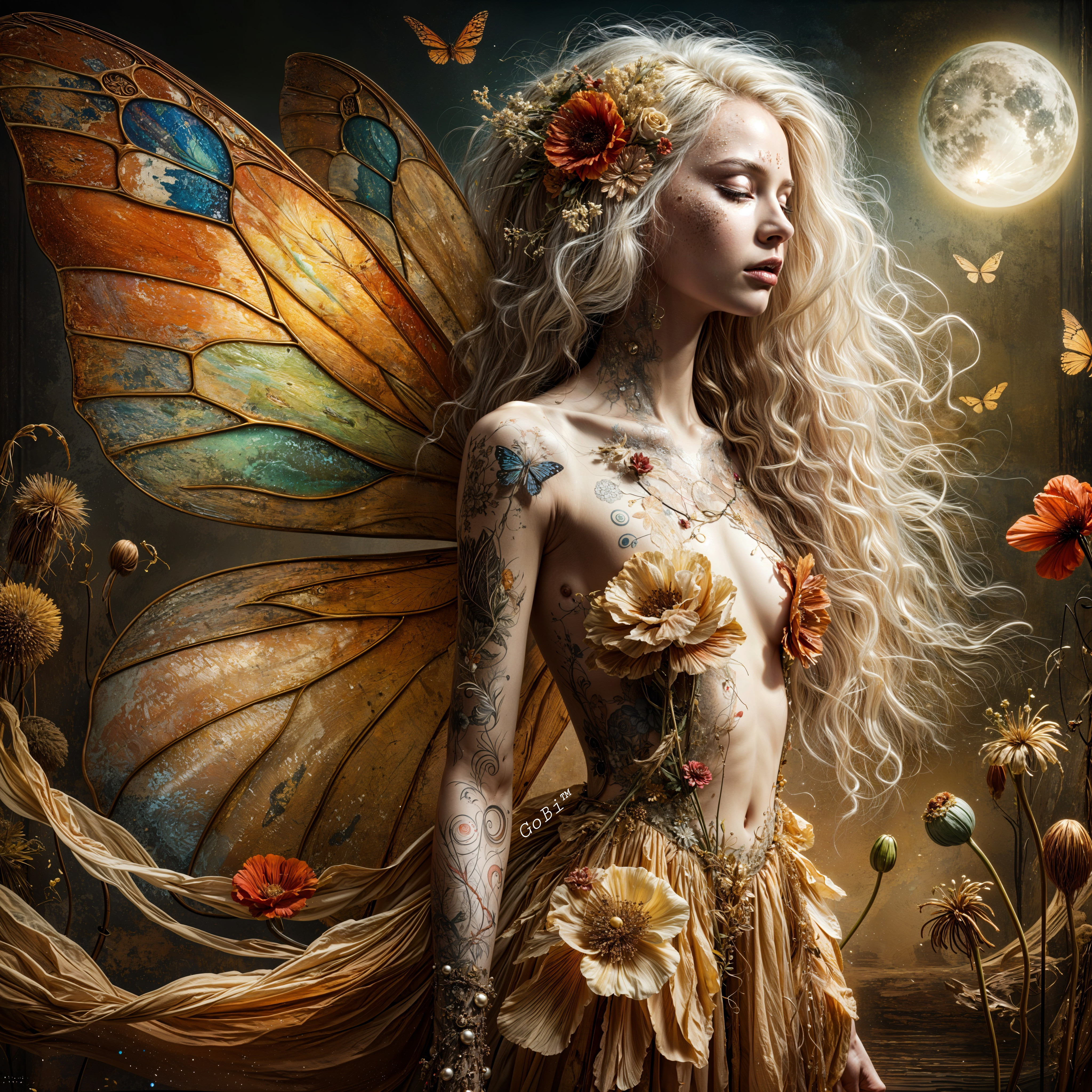 Fairy with Floral Dress and Butterfly Wings in Moonlight