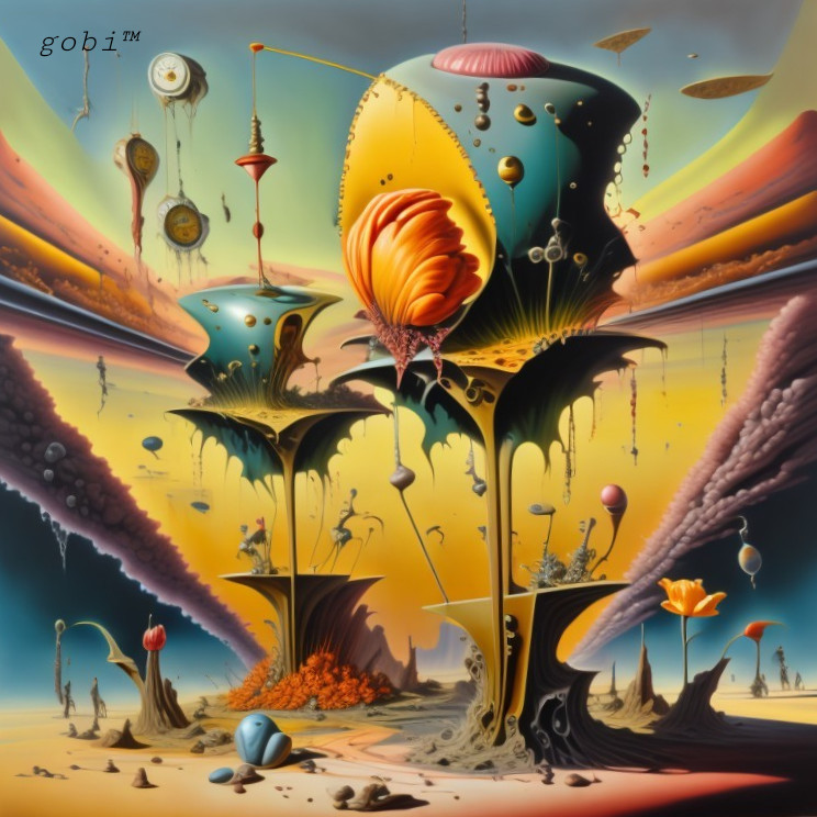 Surrealistic Painting with Dream-like Mushrooms and Clocks