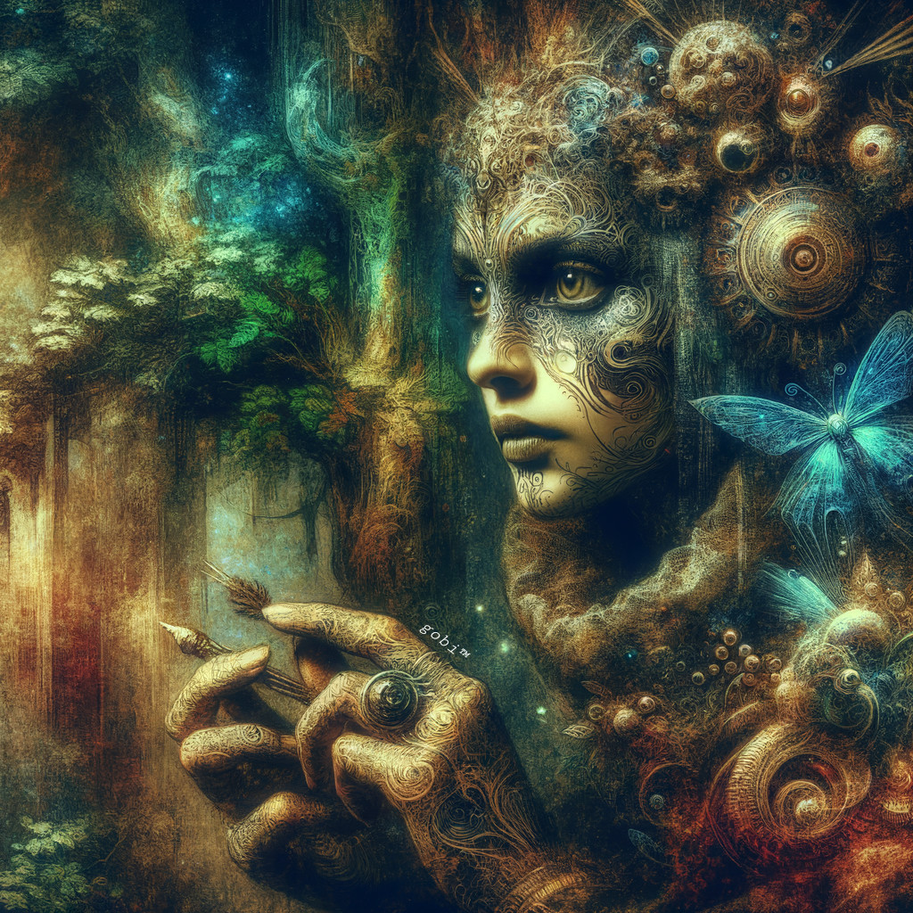 Mystical Figure with Nature-Inspired Patterns and Colors