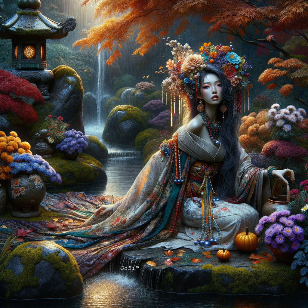 Autumn Scene with Traditional Garment by Tranquil Pond