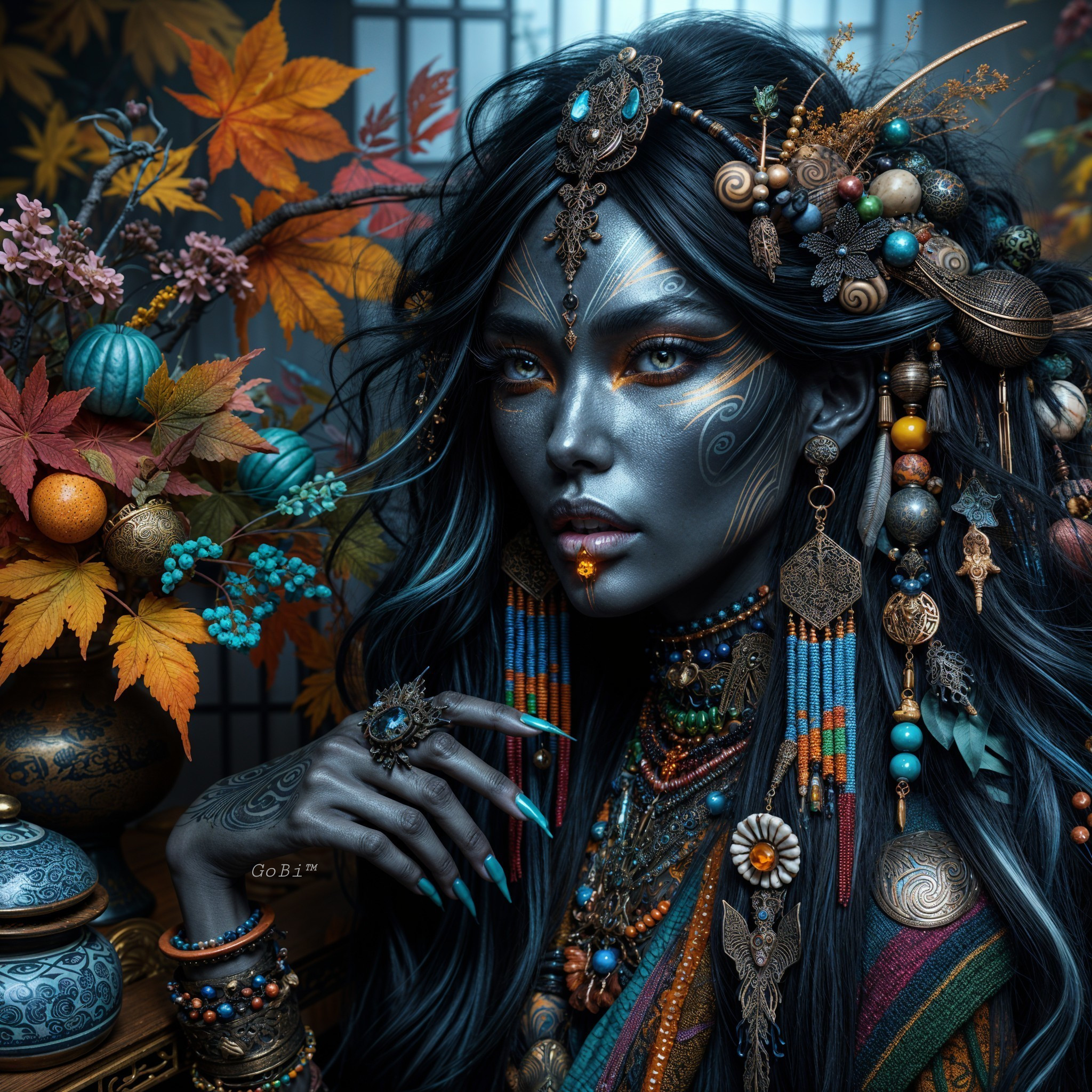 Portrait of a Woman with Silver-Blue Skin and Jewelry
