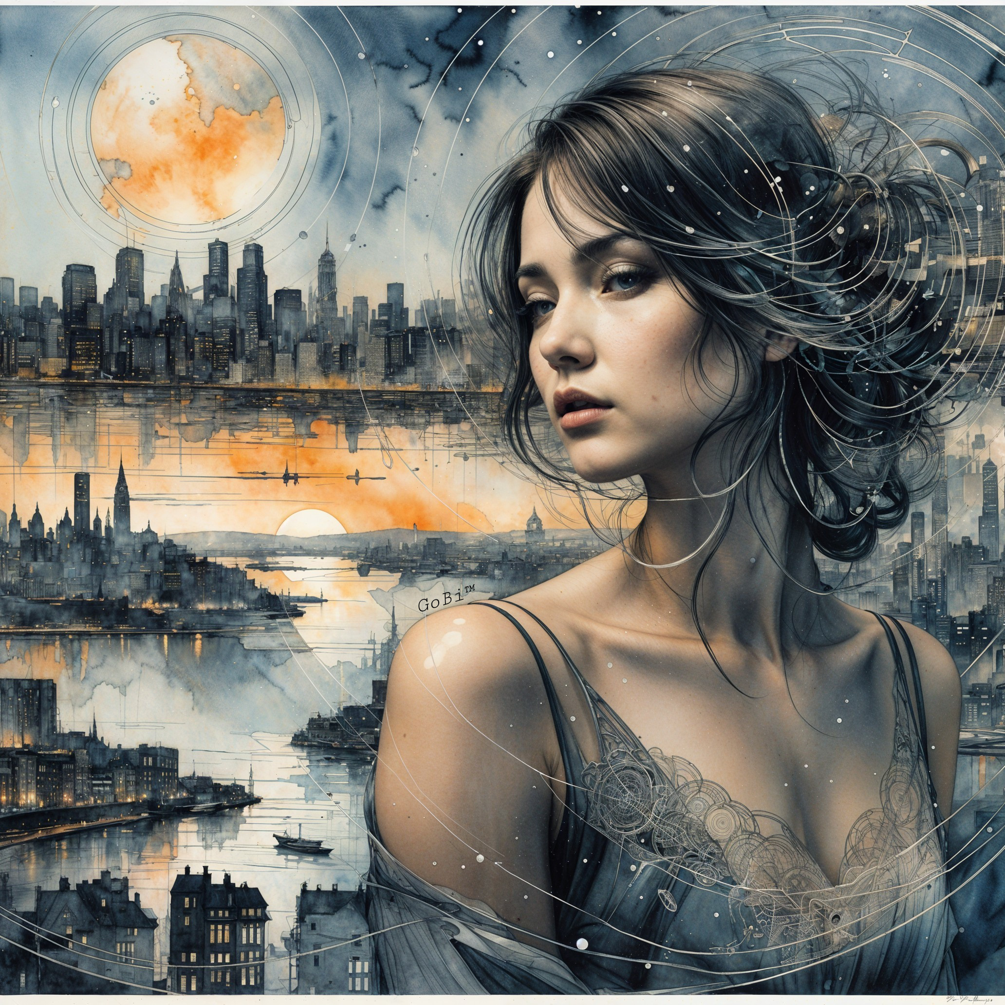 Serene Portrait of a Woman with Cityscape at Dusk