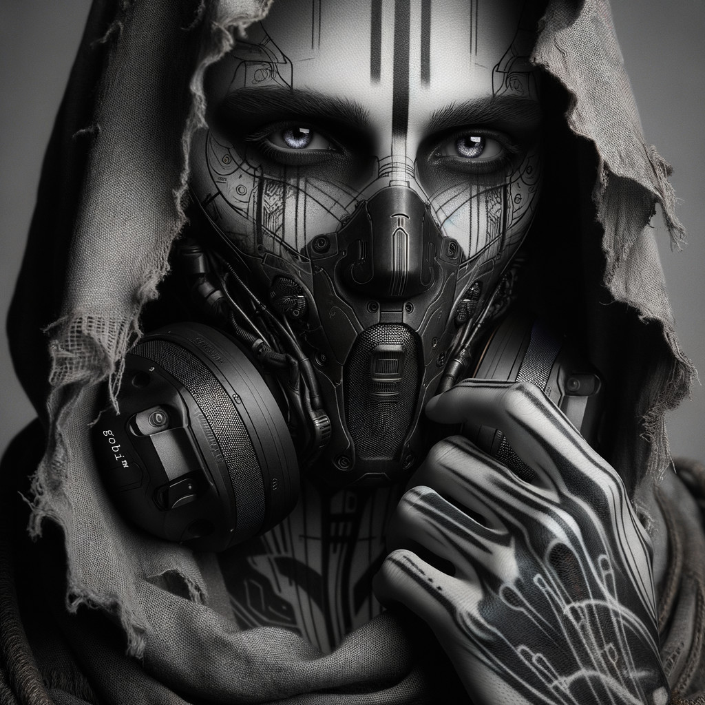Futuristic figure with cybernetic designs and mask