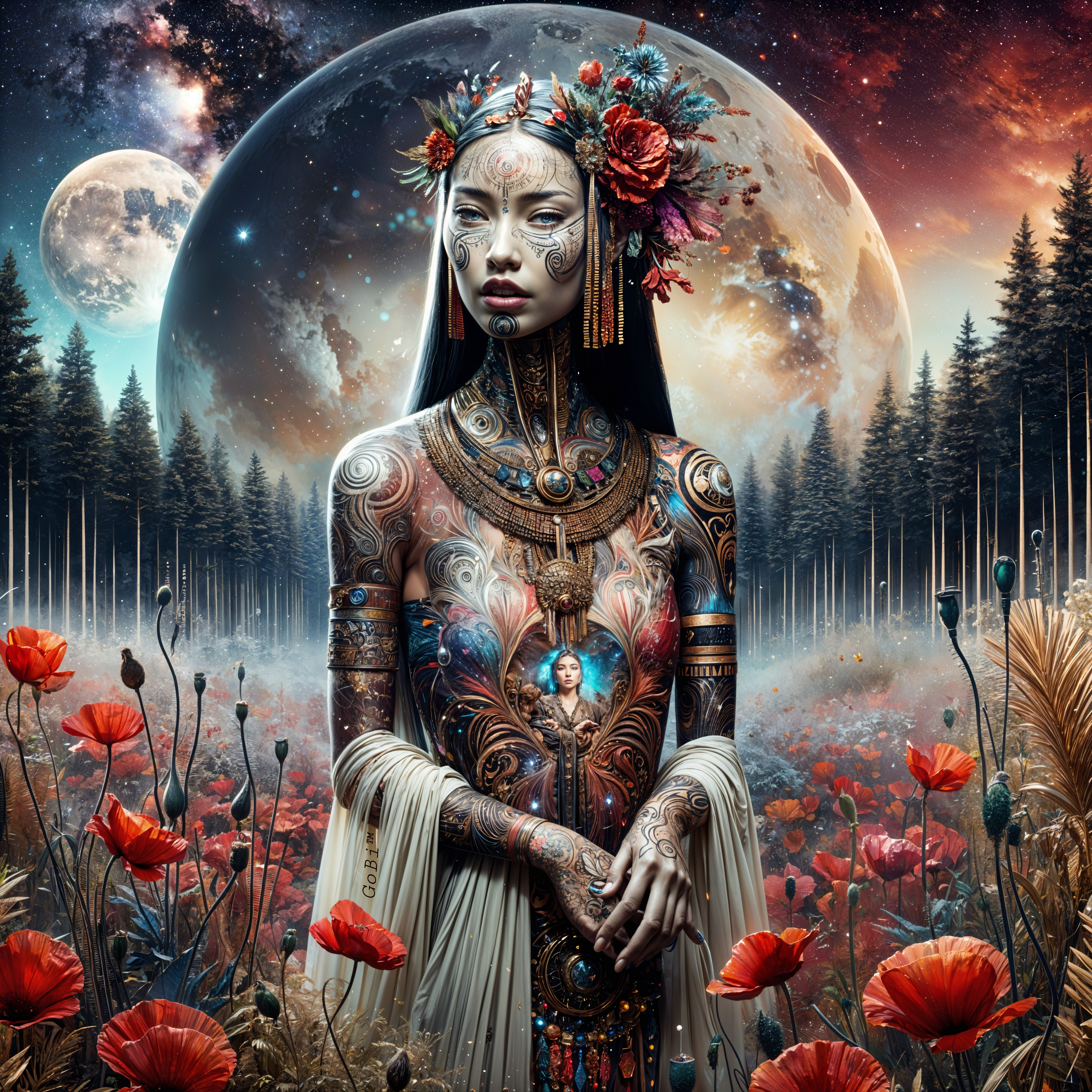 Surreal Figure in Cosmic Landscape with Floral Accents