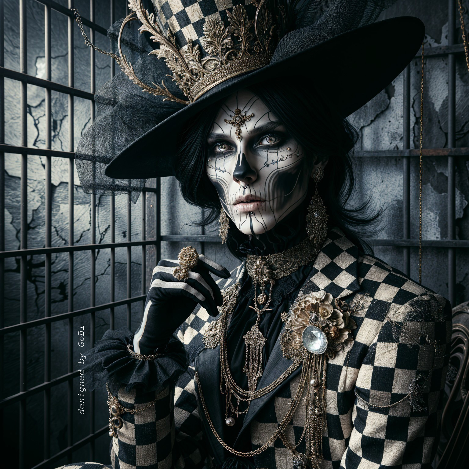 Gothic Figure in Checkered Suit with Skull Makeup