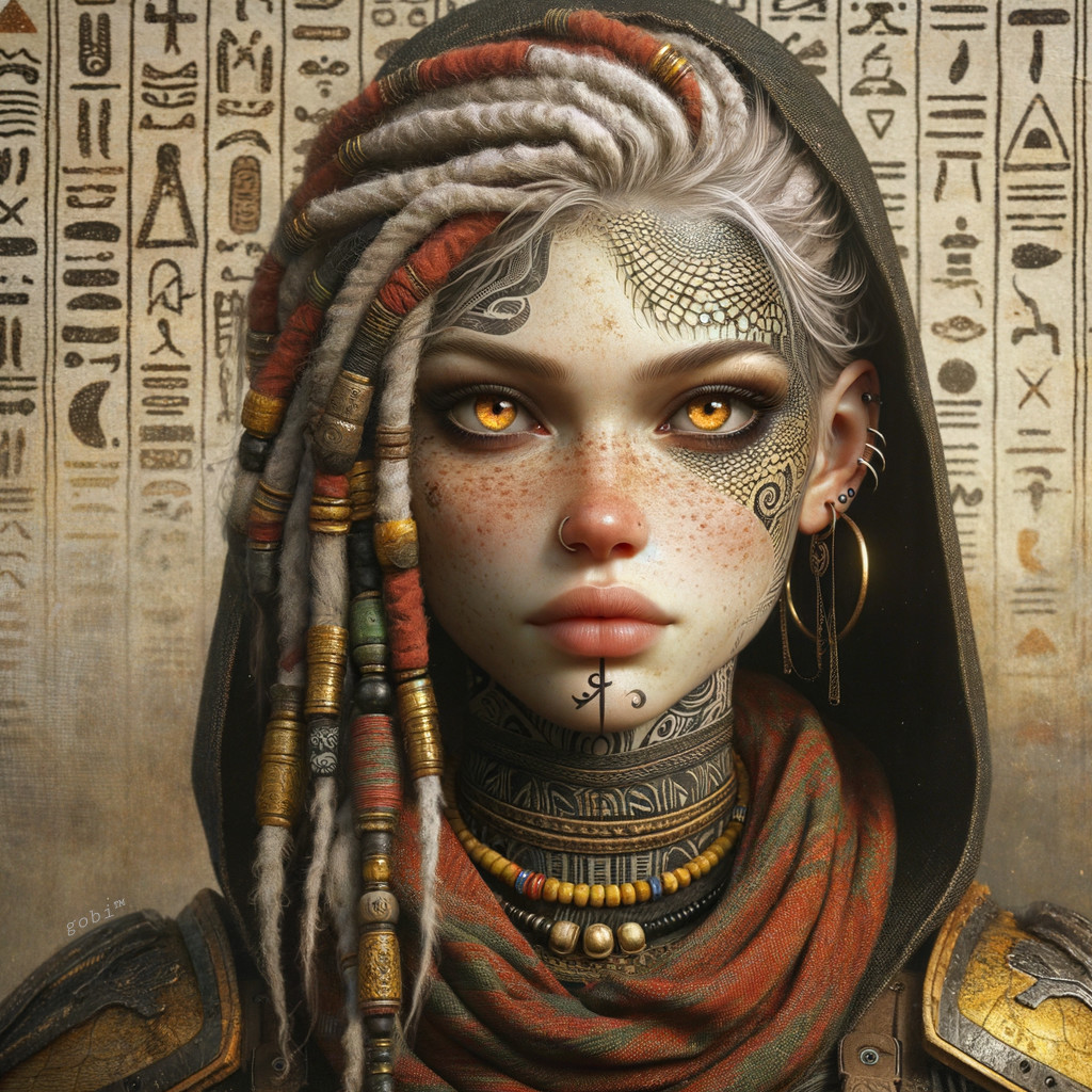Character with Tattoos and Jewelry Against Hieroglyphs