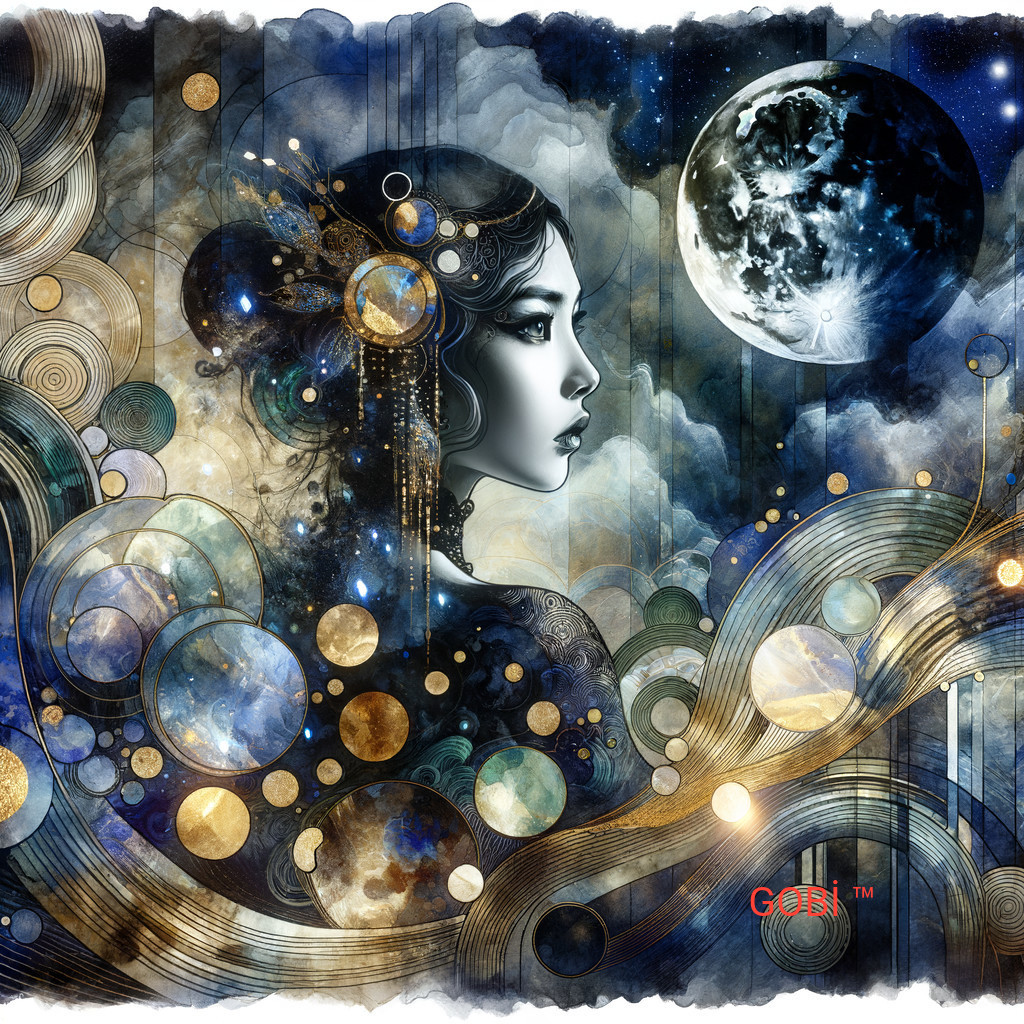 Woman's profile with celestial and golden fantasy space theme.