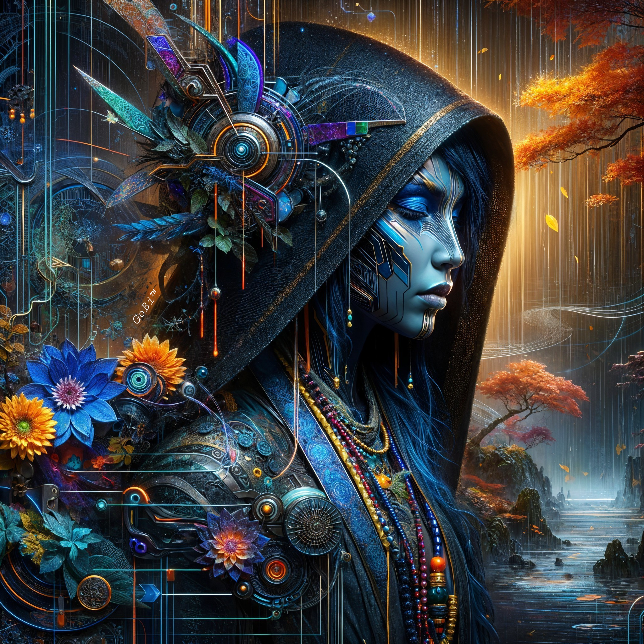 Futuristic Female Figure with Floral and Geometric Designs