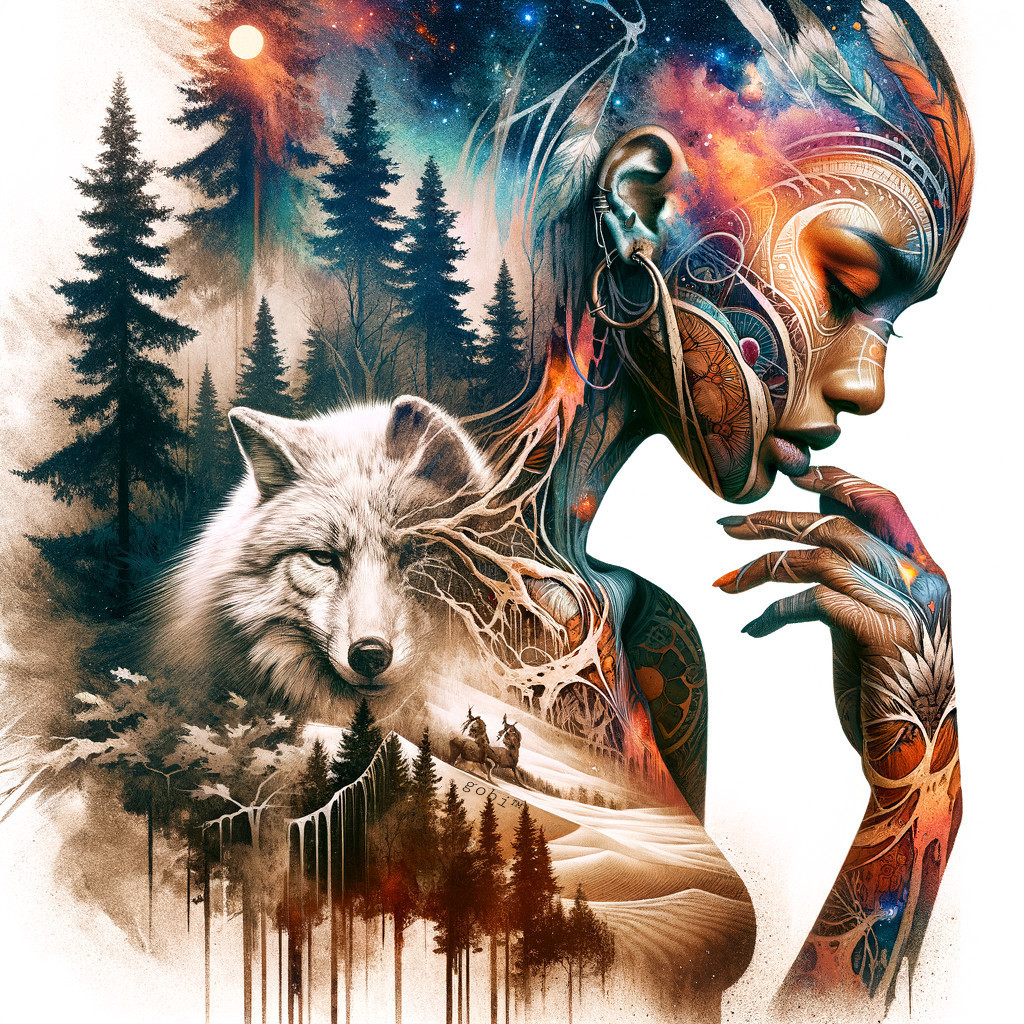 Mystical Female Figure with Cosmic Patterns and Wolf