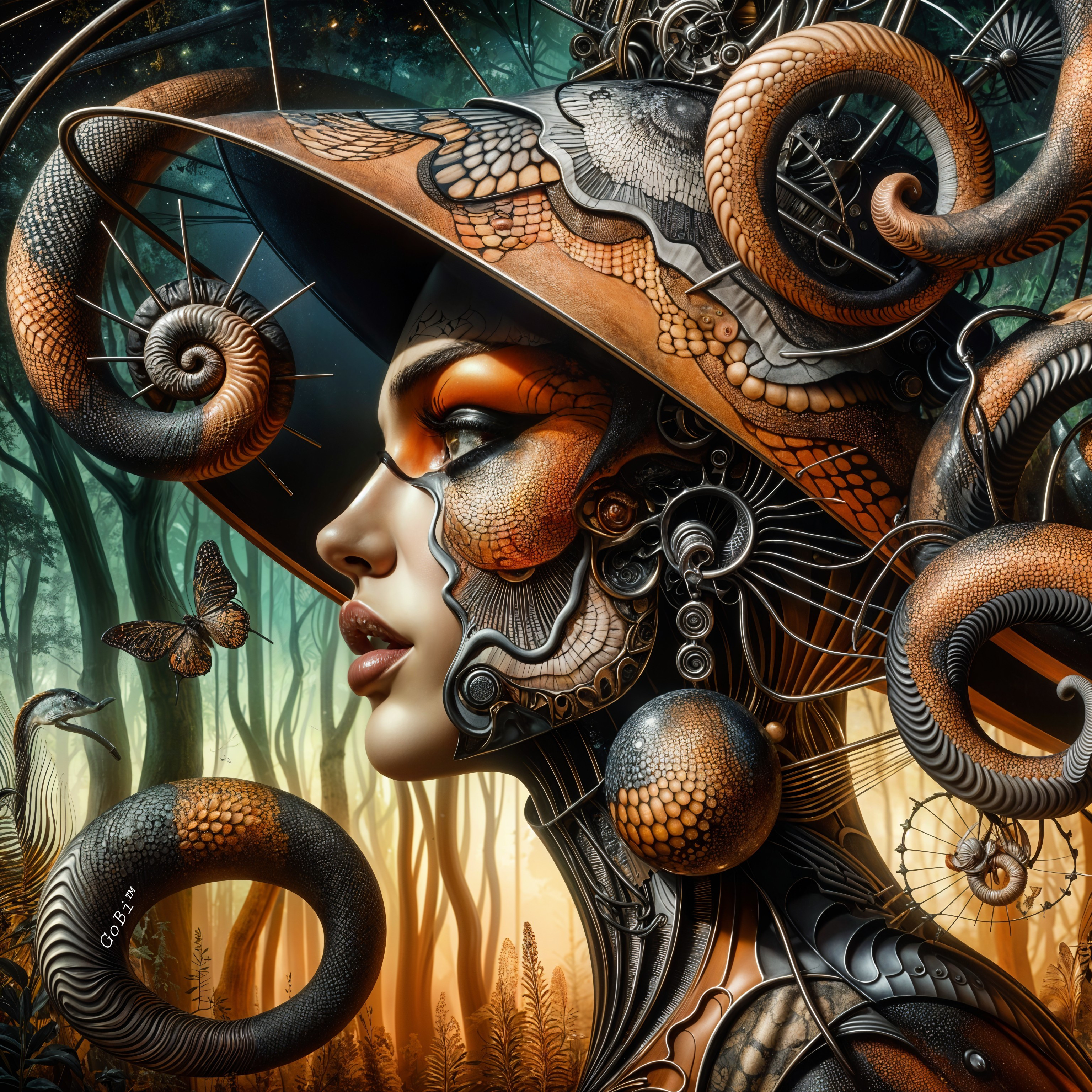 Steampunk Woman in a Mystical Forest Setting