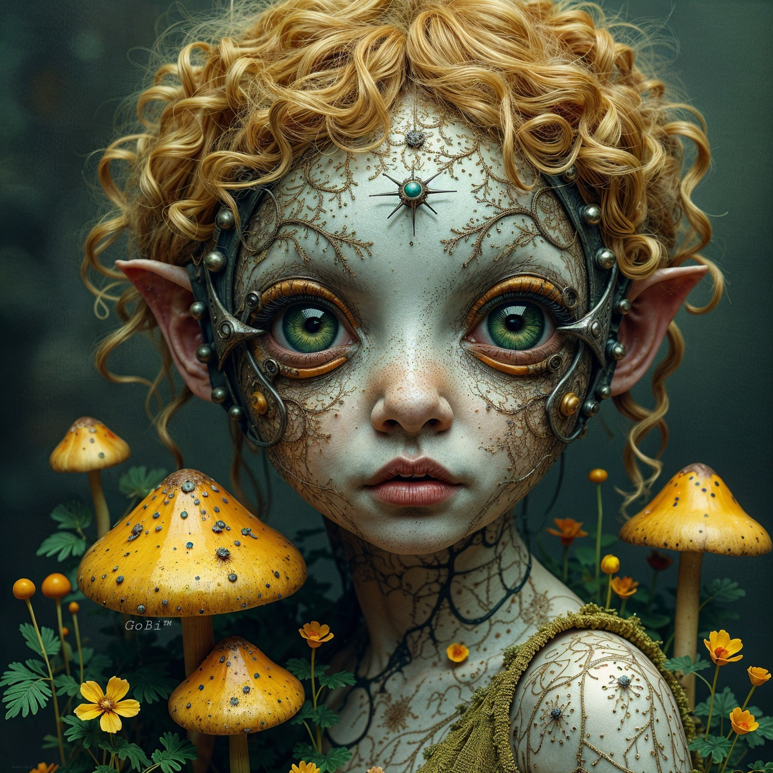 Whimsical character with green eyes and floral surroundings